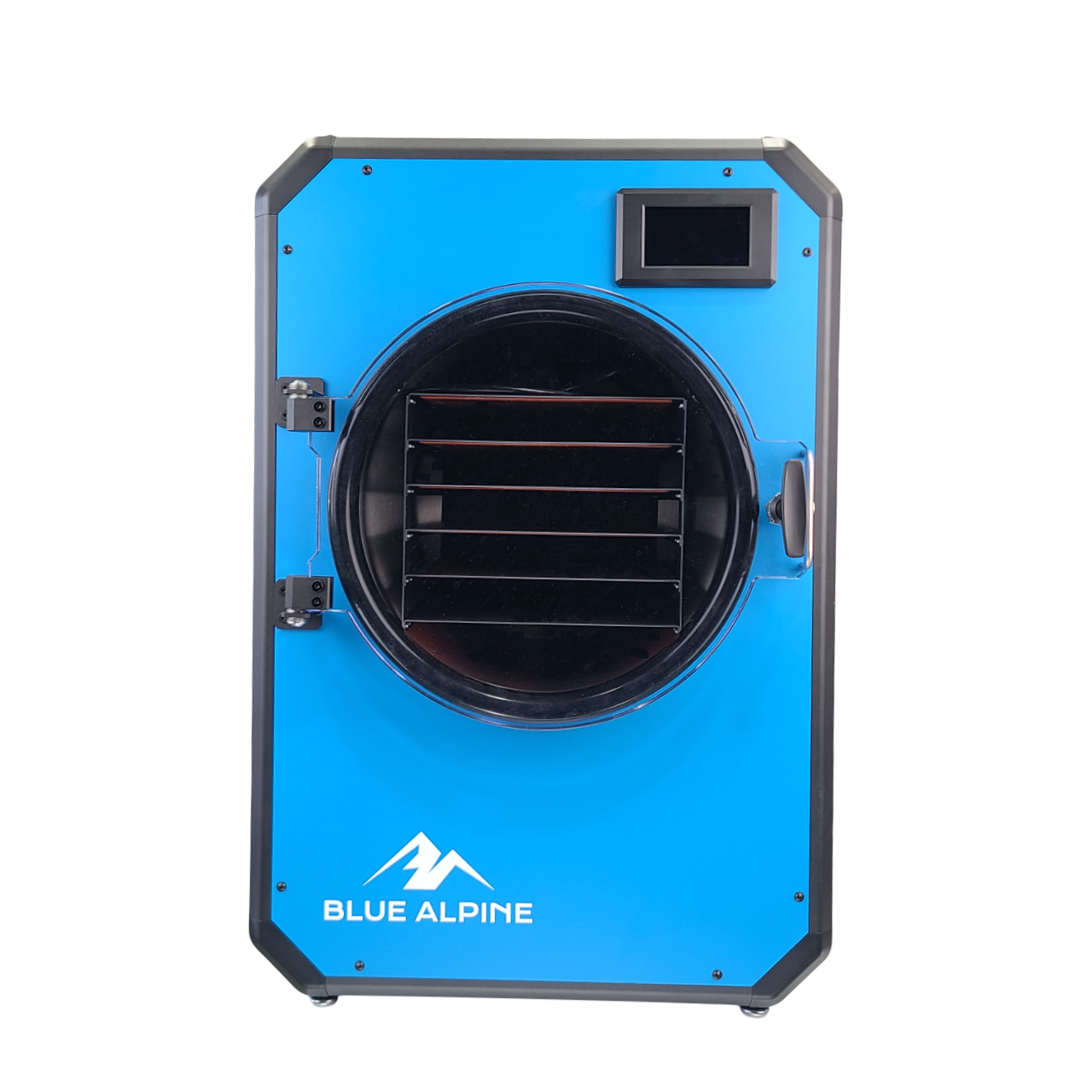 Freeze dryer unit with round door, black interior racks, sky blue body, digital display