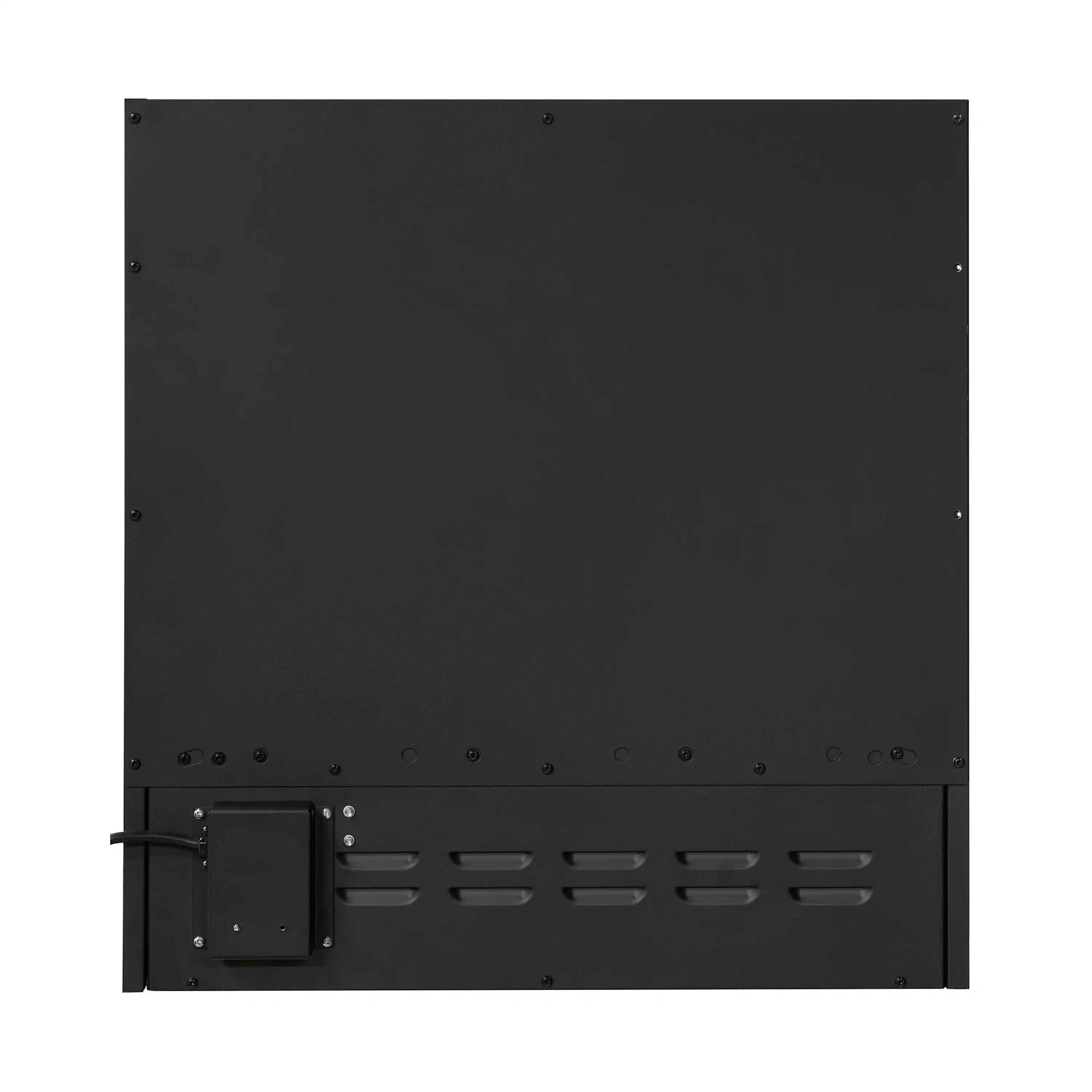 Black rear panel with mounting points and vented grille for fireplace insert