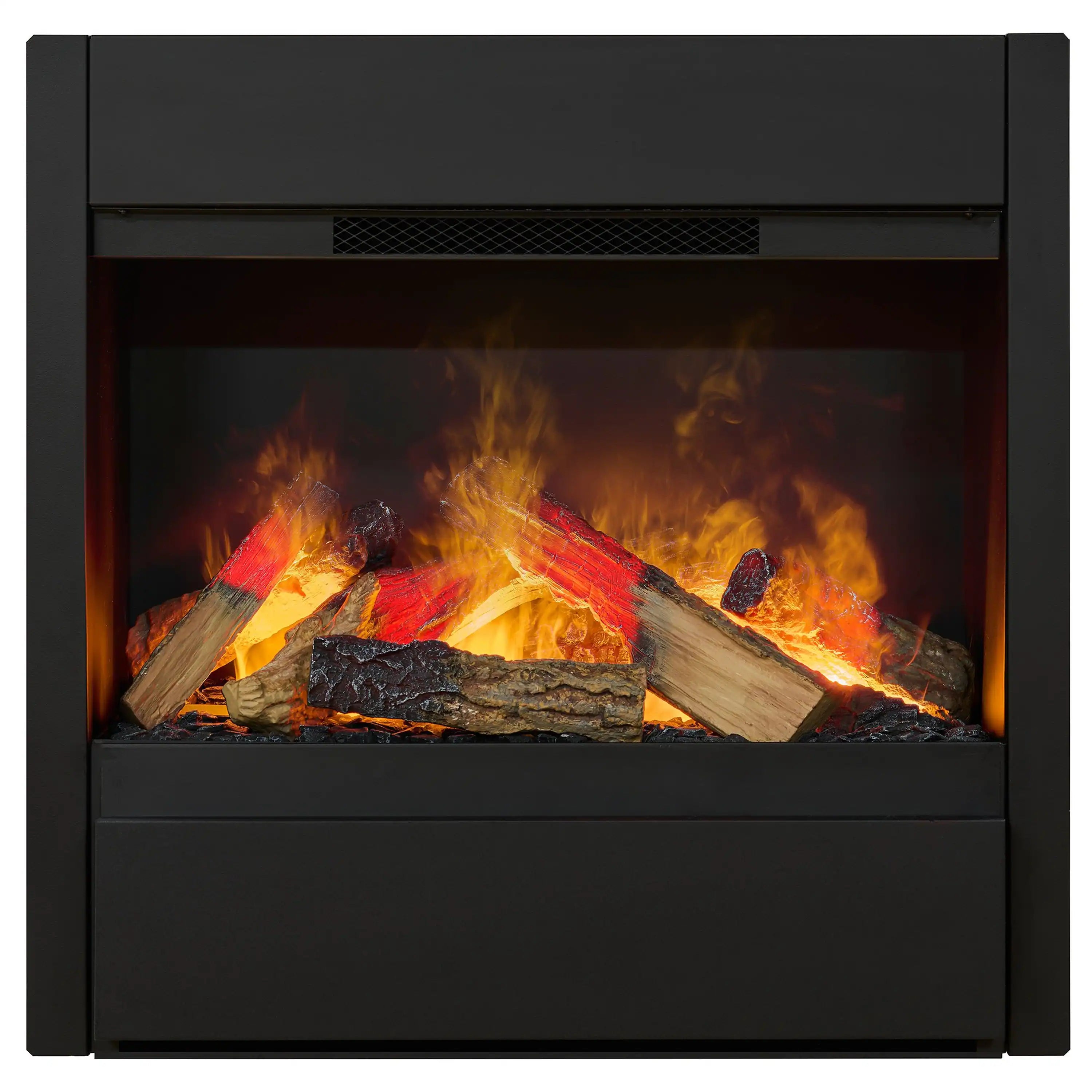 Close-up of black fireplace flame window with burning logs and embers