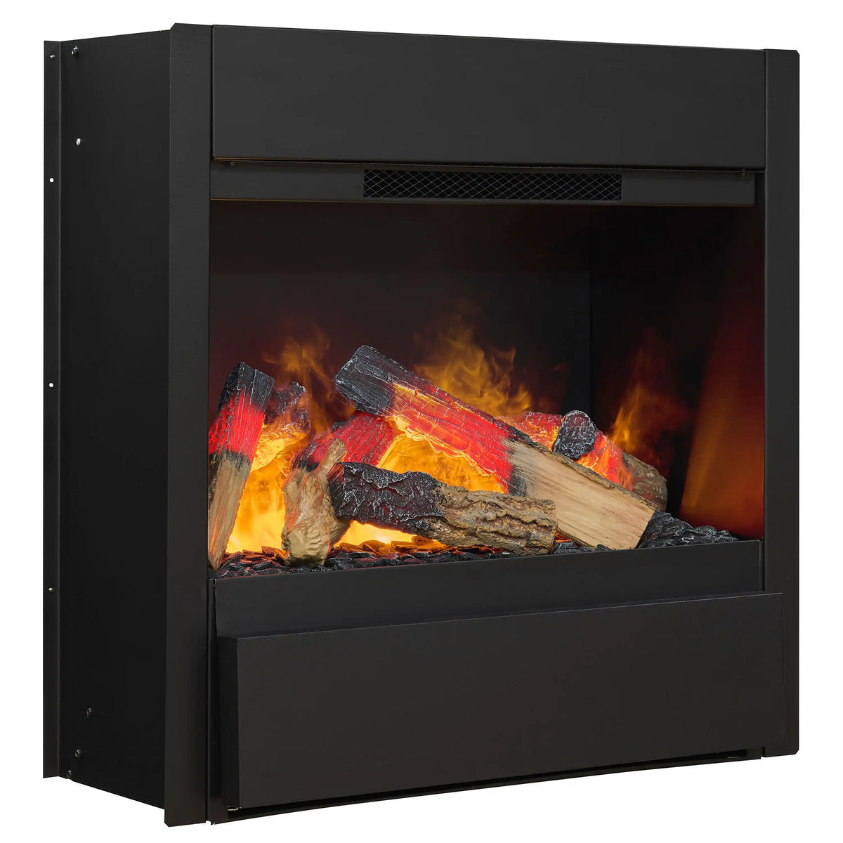 Black fireplace insert with glass flame window and stacked log-style fuel