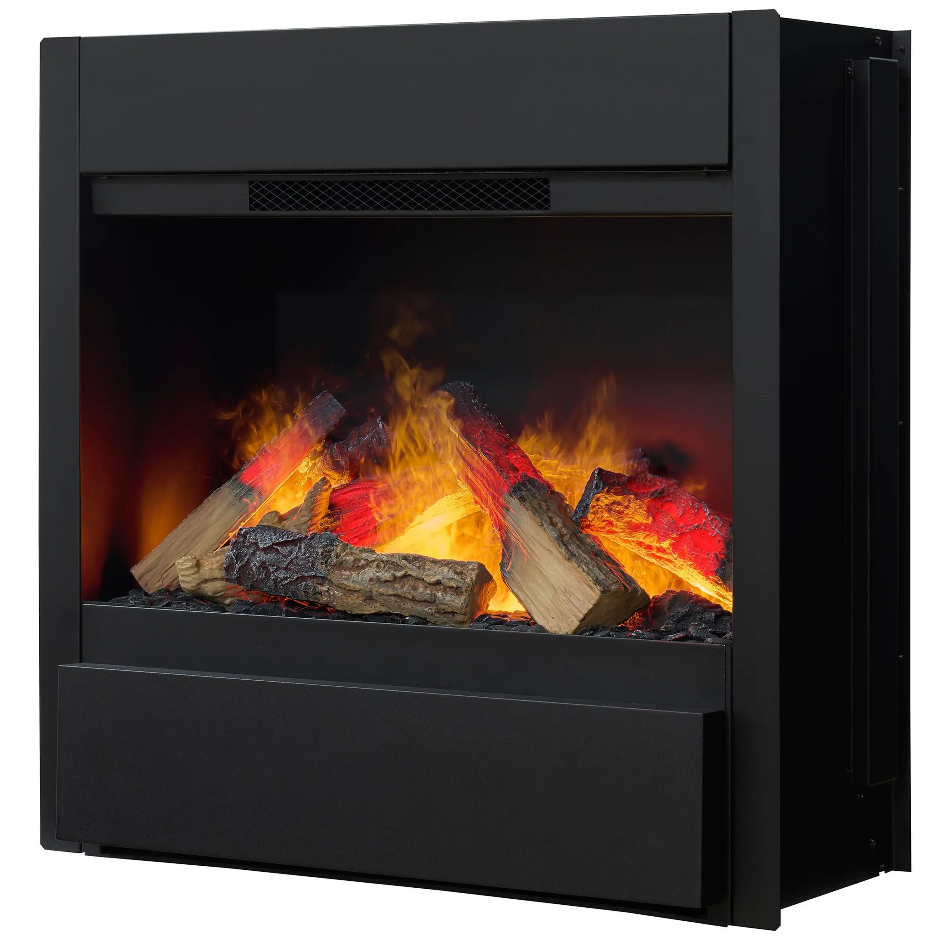 Black fireplace insert in side view with flame-effect window and side housing