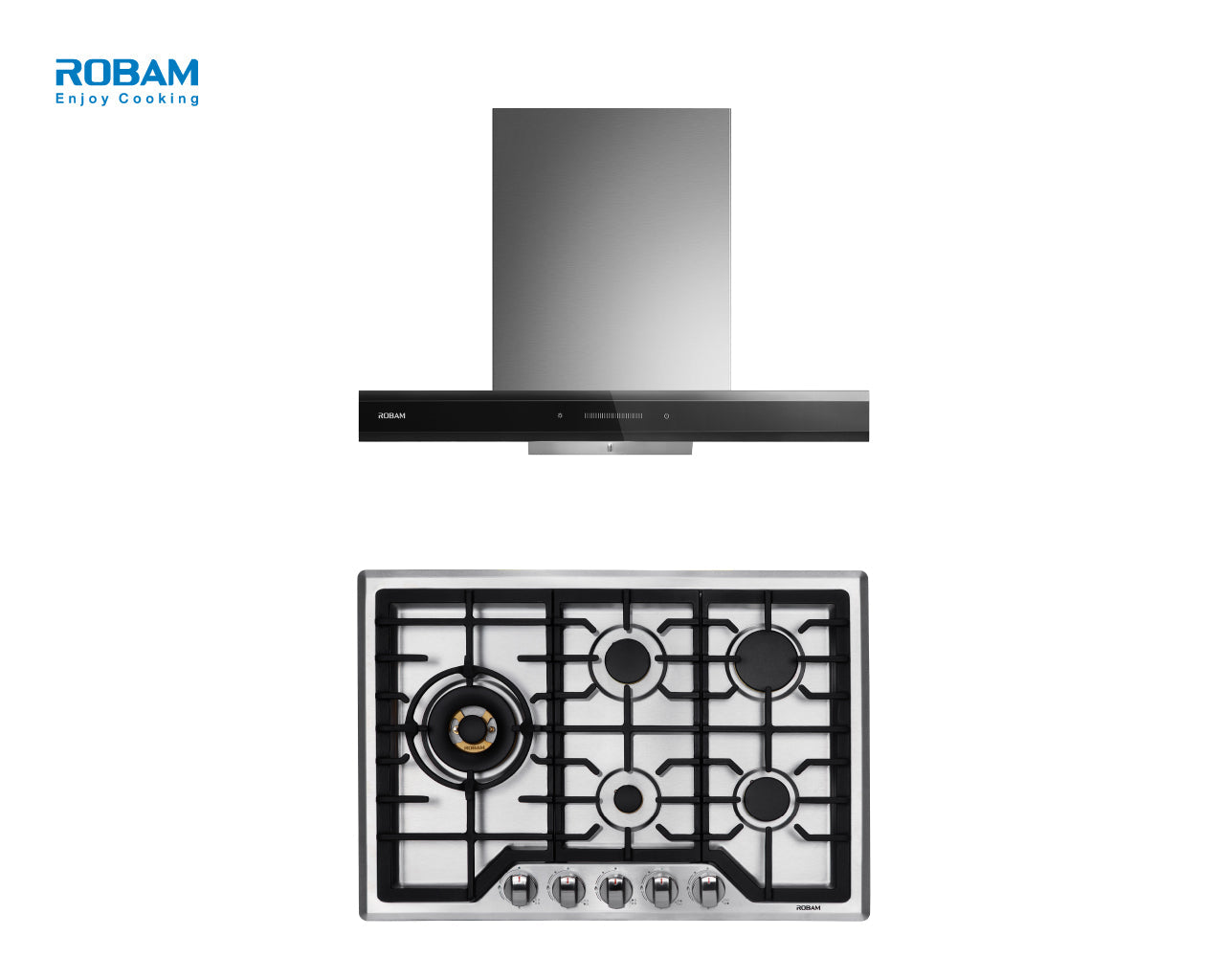 Stainless steel gas cooktop with control knobs and black range hood