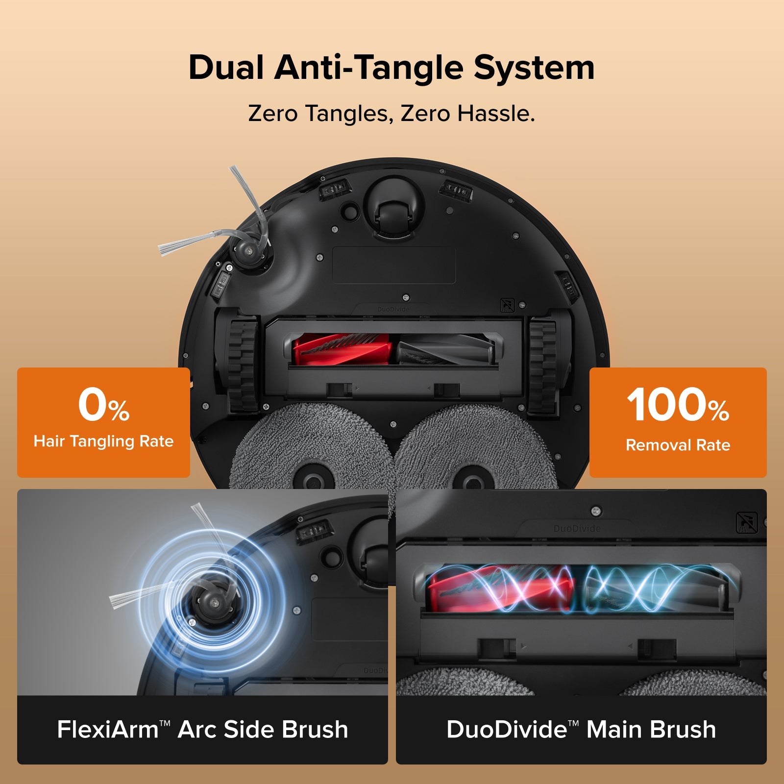 Robot vacuum underside with FlexiArm arc side brush and DuoDivide main brush