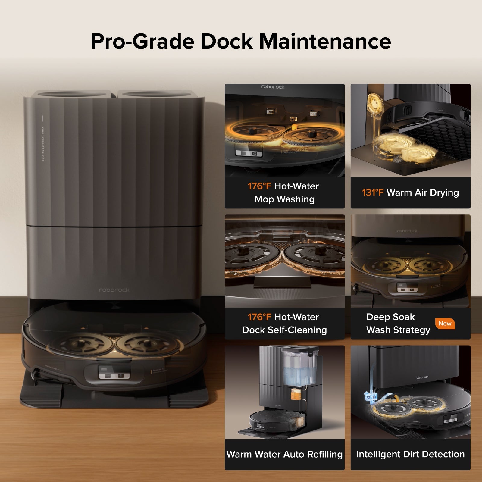 Pro-grade robot vacuum dock for hot-water mopping and warm-air drying