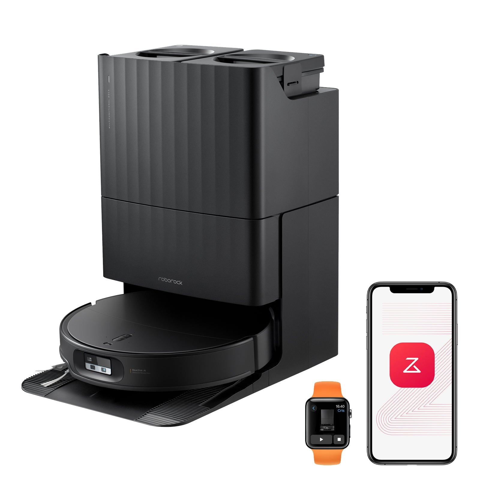 Robot vacuum and charging dock base in dark gray with top dust bin