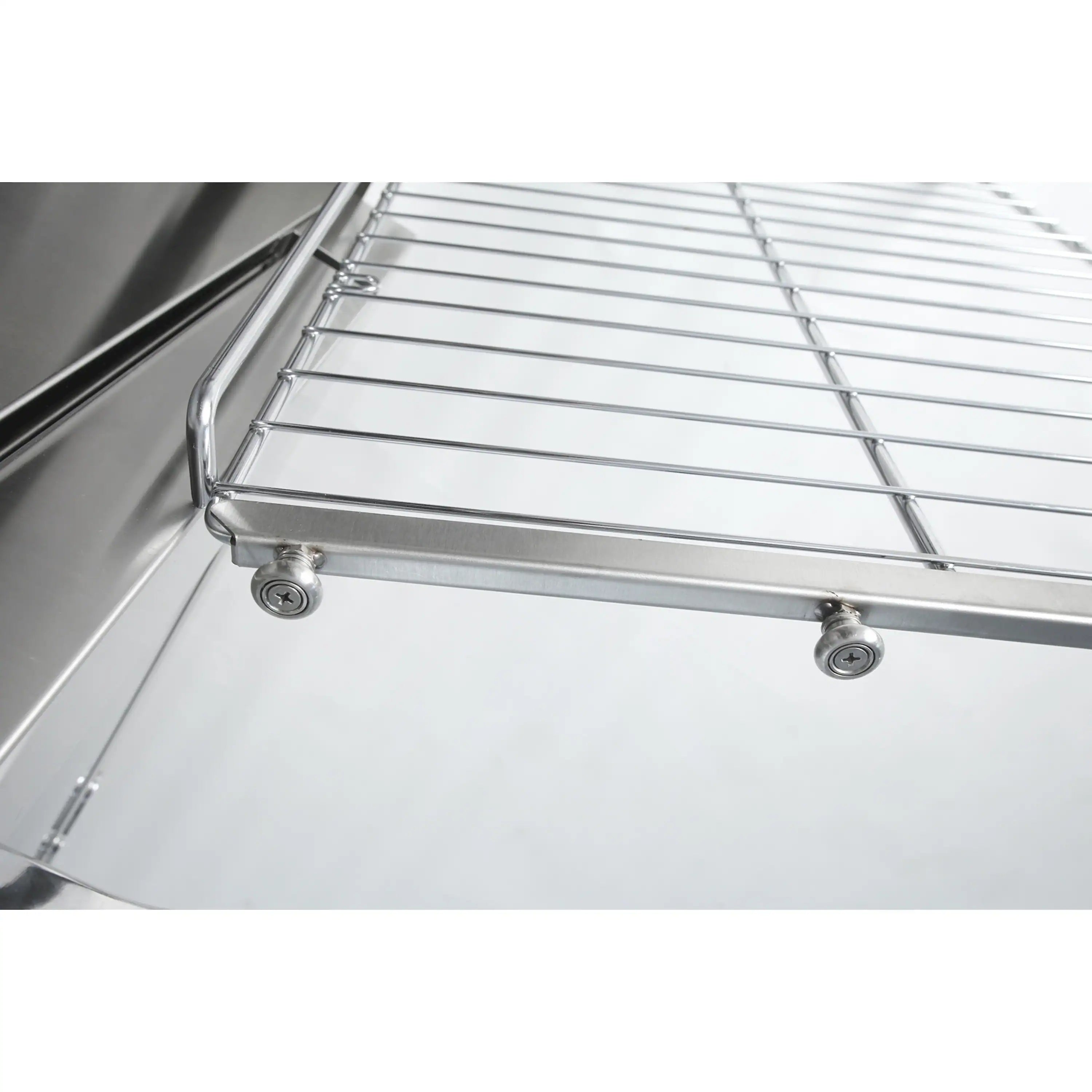 Stainless steel oven rack with side rails and support wheels