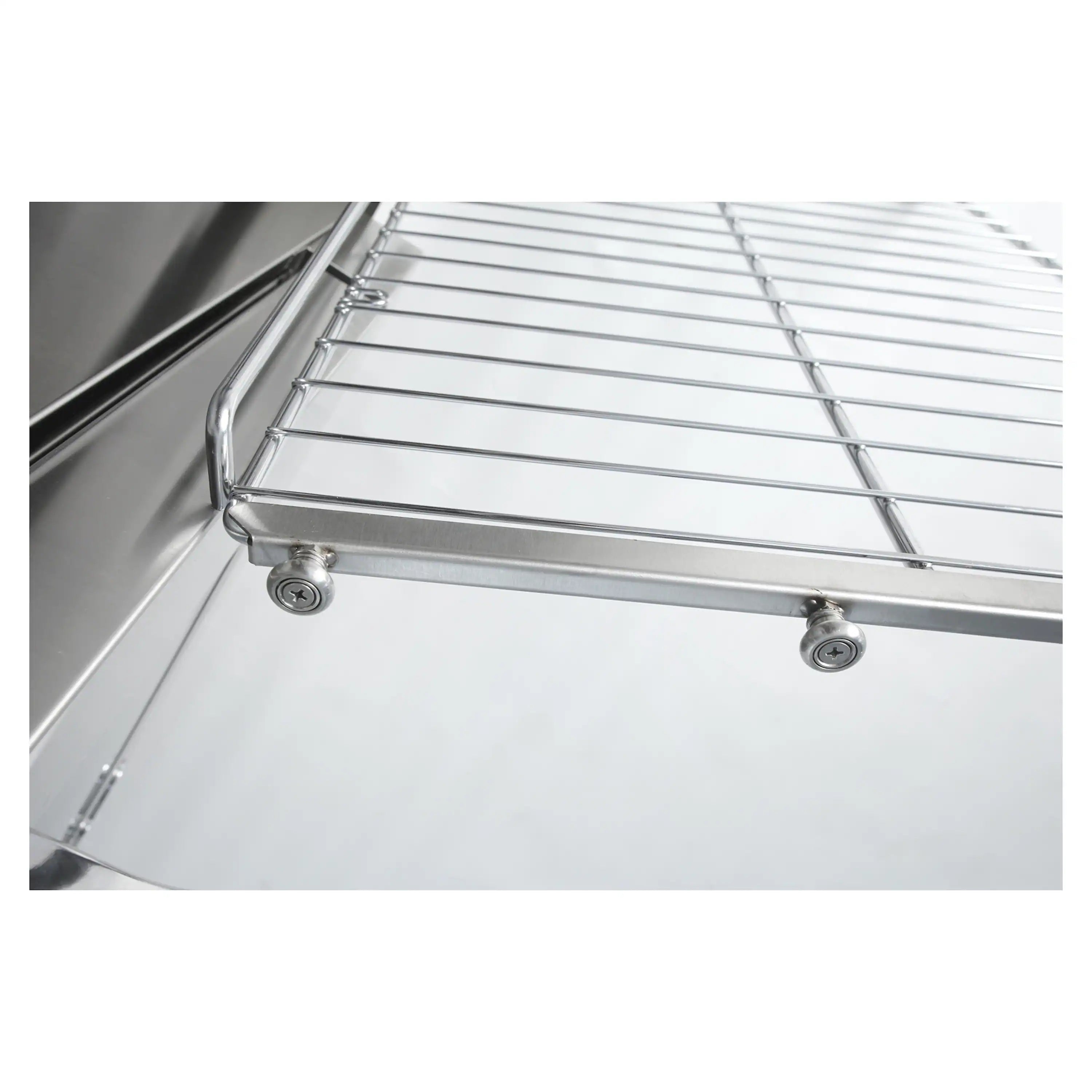 Stainless steel oven interior with wire racks and side supports