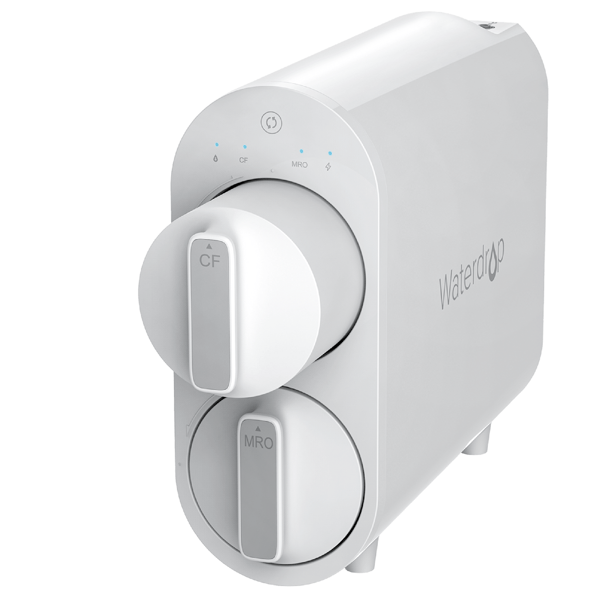 White Waterdrop filter canister with two labeled switches and front ports
