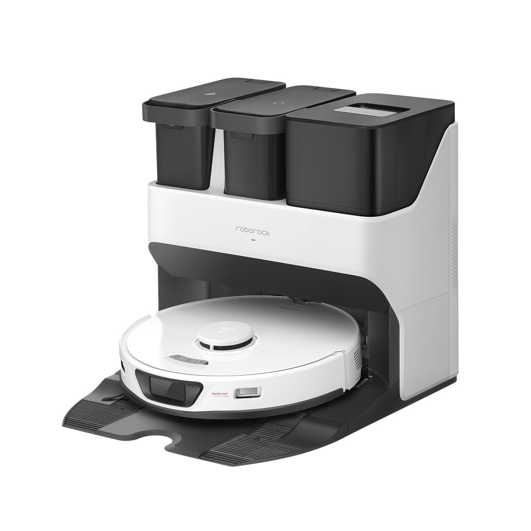 White and black robot vacuum dock with waste bins and parked robot