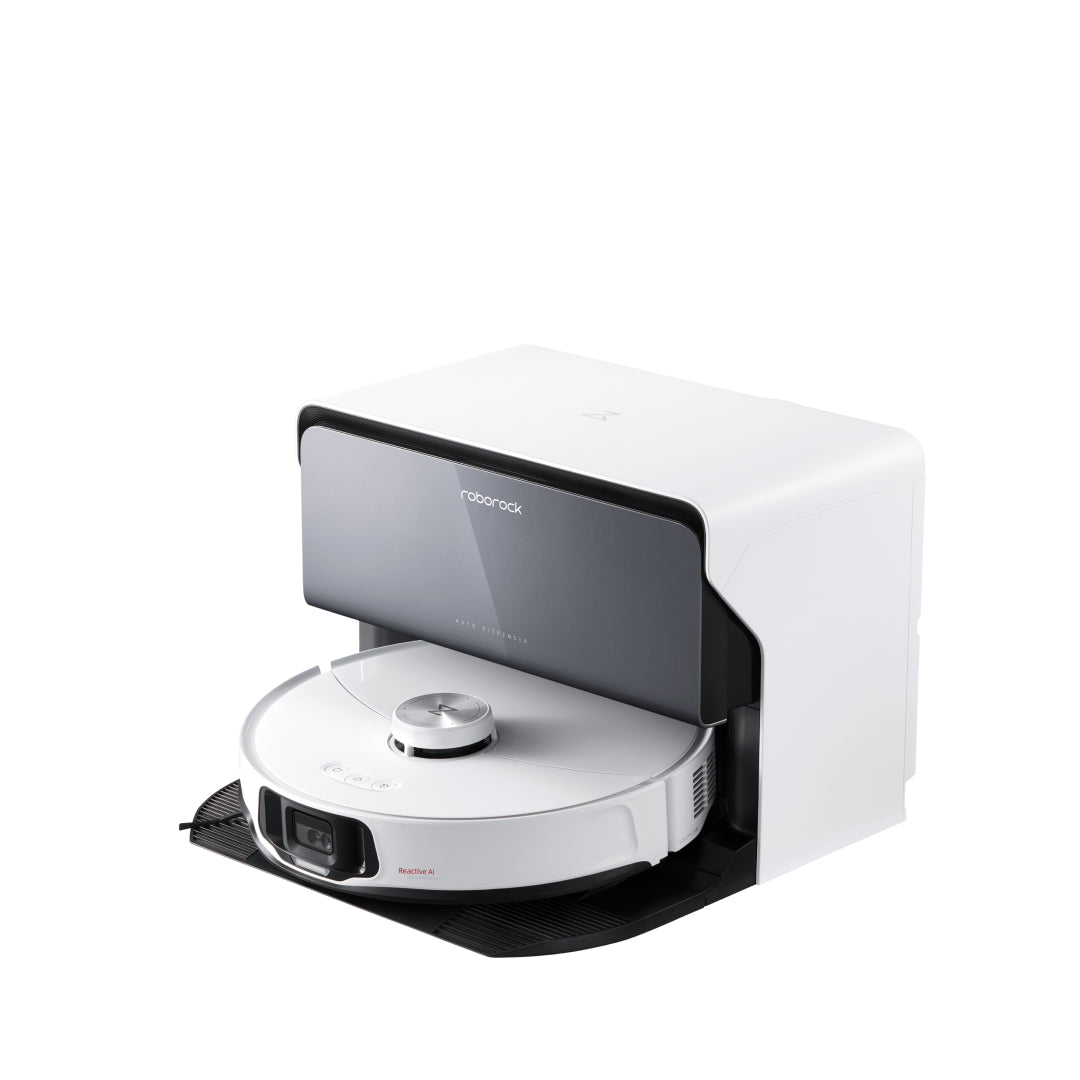 Robot vacuum docking station with white robot on charging base