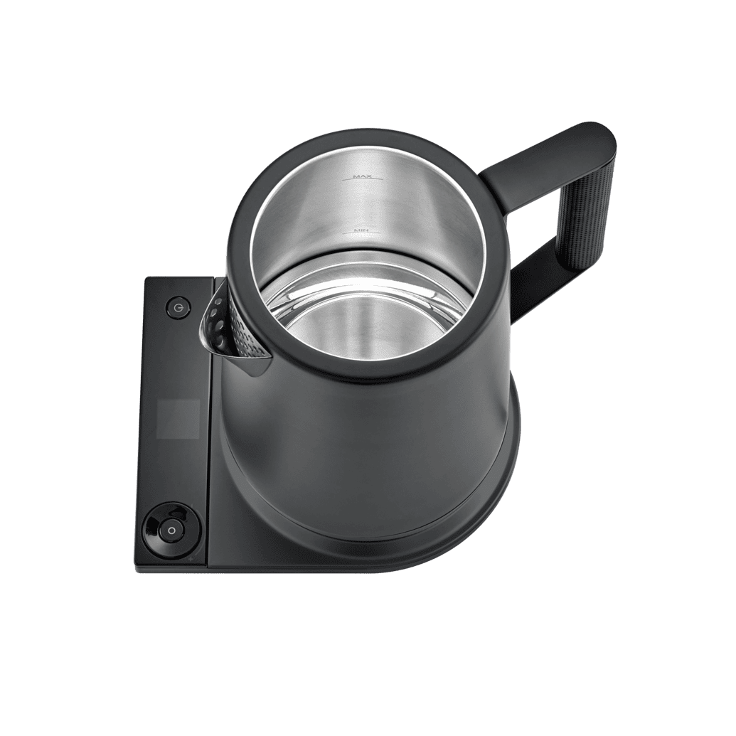 Electric Turkish tea maker with lid open, stainless pot insert visible, black exterior