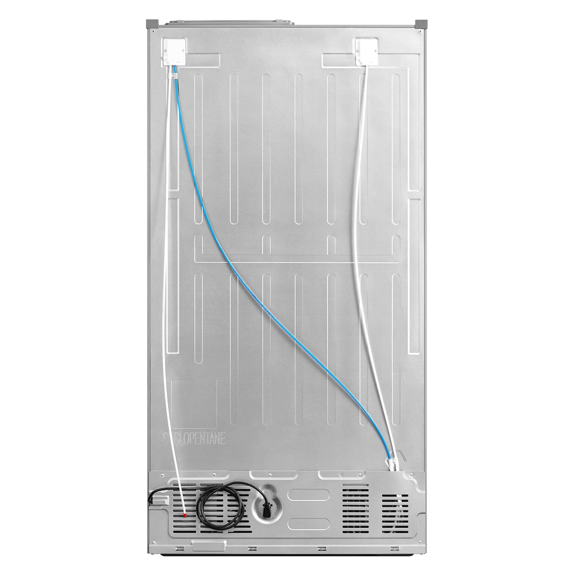 Stainless steel side-by-side refrigerator service panel with visible water line and vents