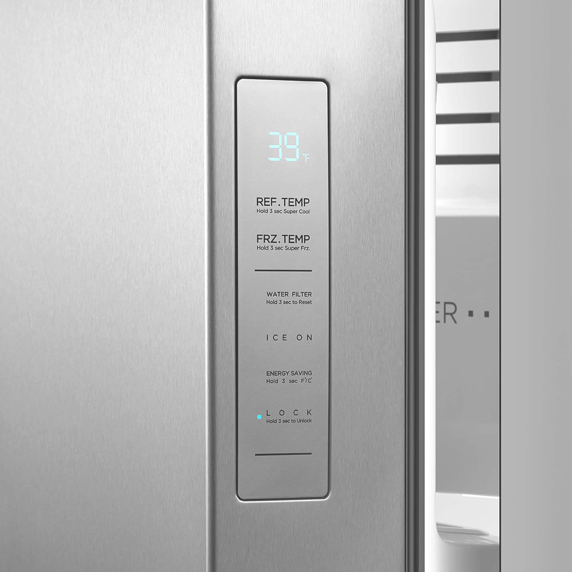 Stainless steel refrigerator exterior control panel with temperature display and water filter text