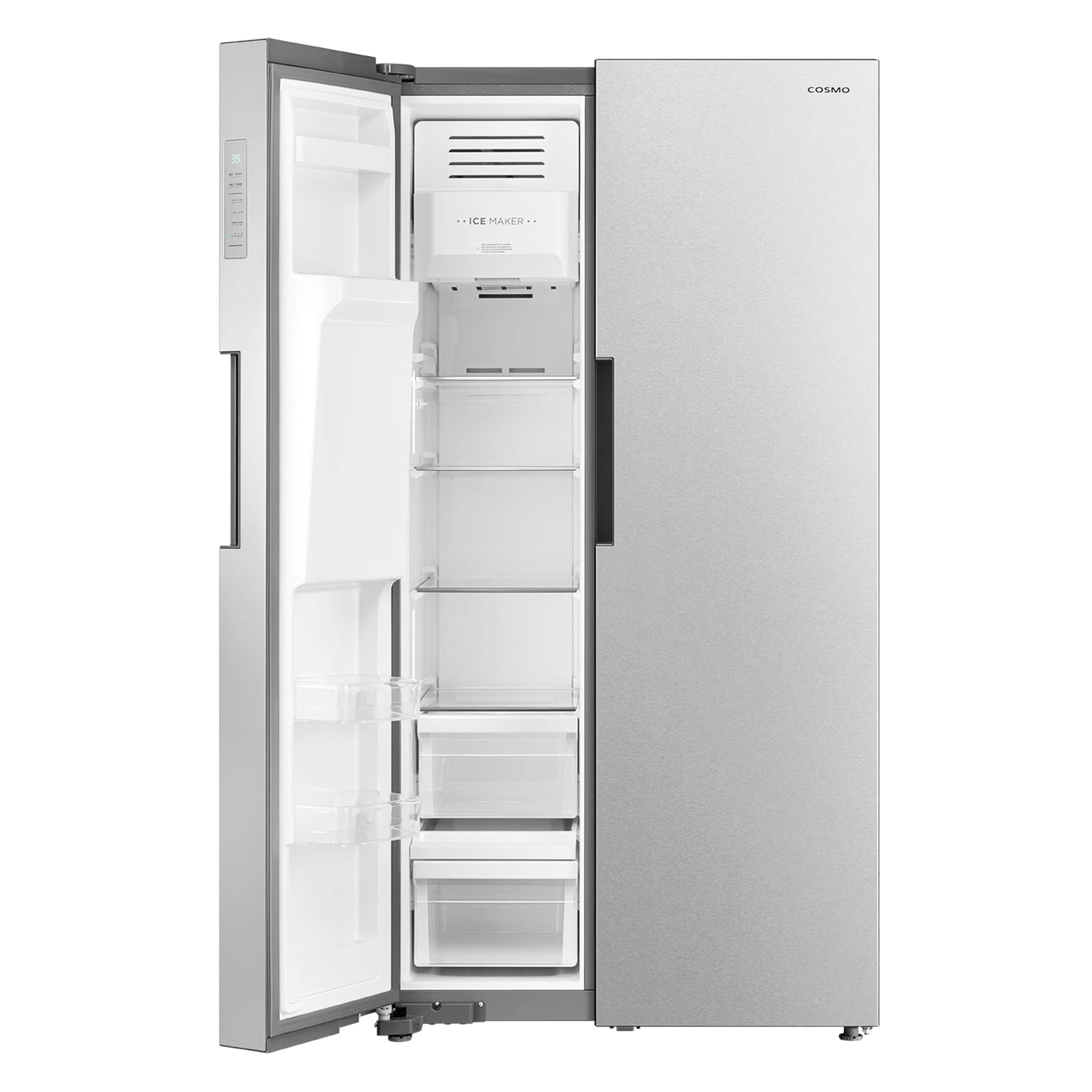 Stainless steel side-by-side refrigerator with doors open and interior shelves