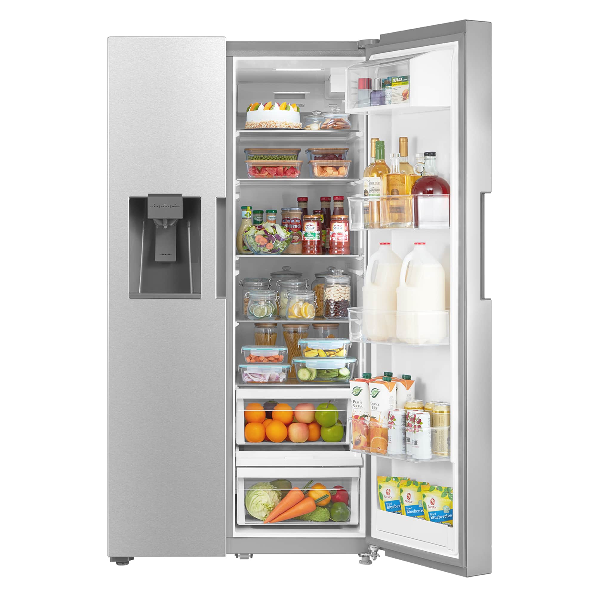 Stainless steel refrigerator with doors open, stocked interior shelves and door bins