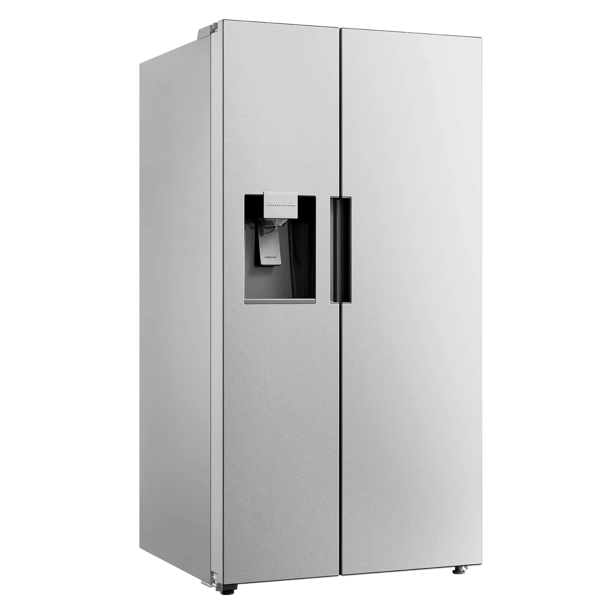 Stainless steel side-by-side refrigerator exterior with water and ice dispenser