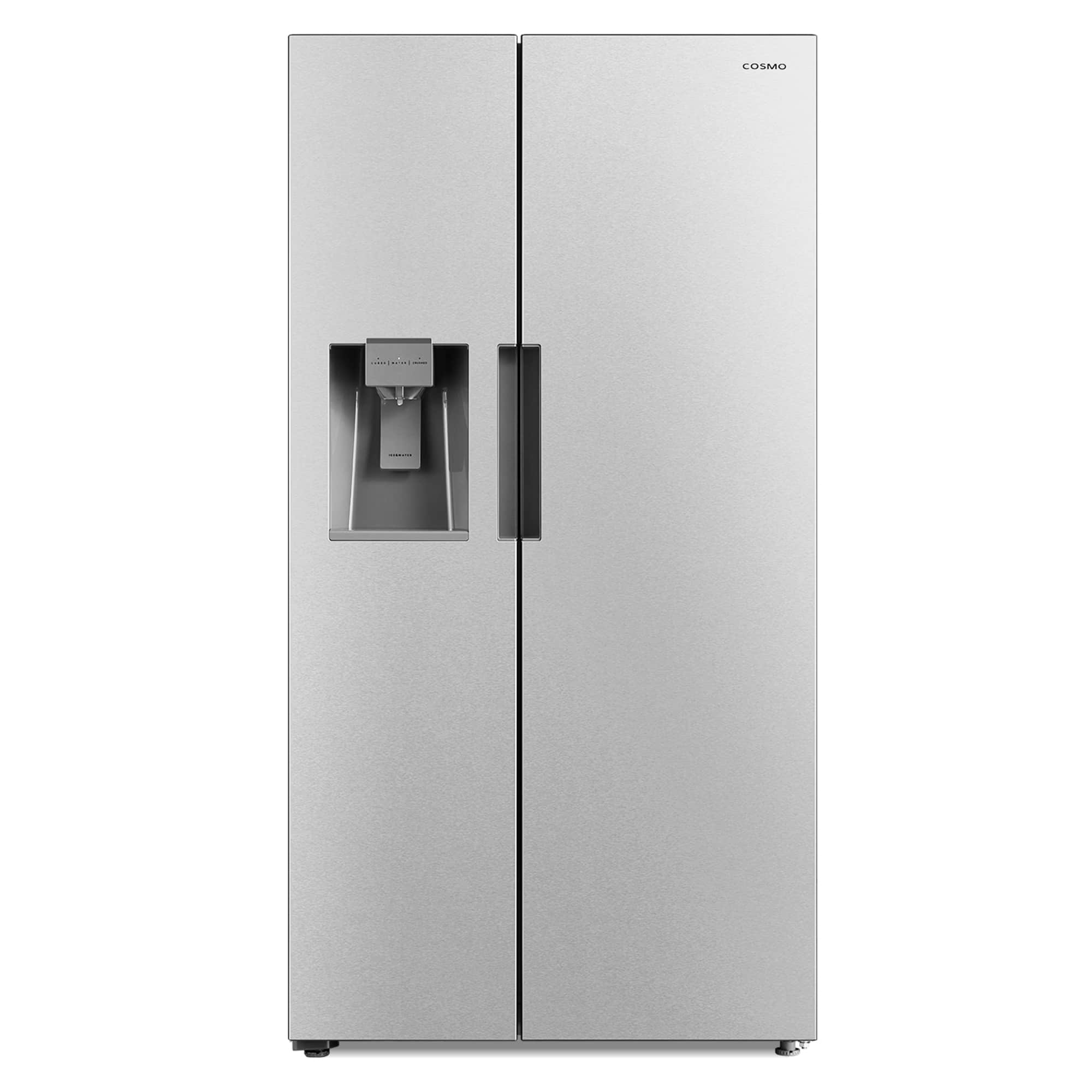 Stainless steel side-by-side refrigerator exterior, front view with dispenser opening