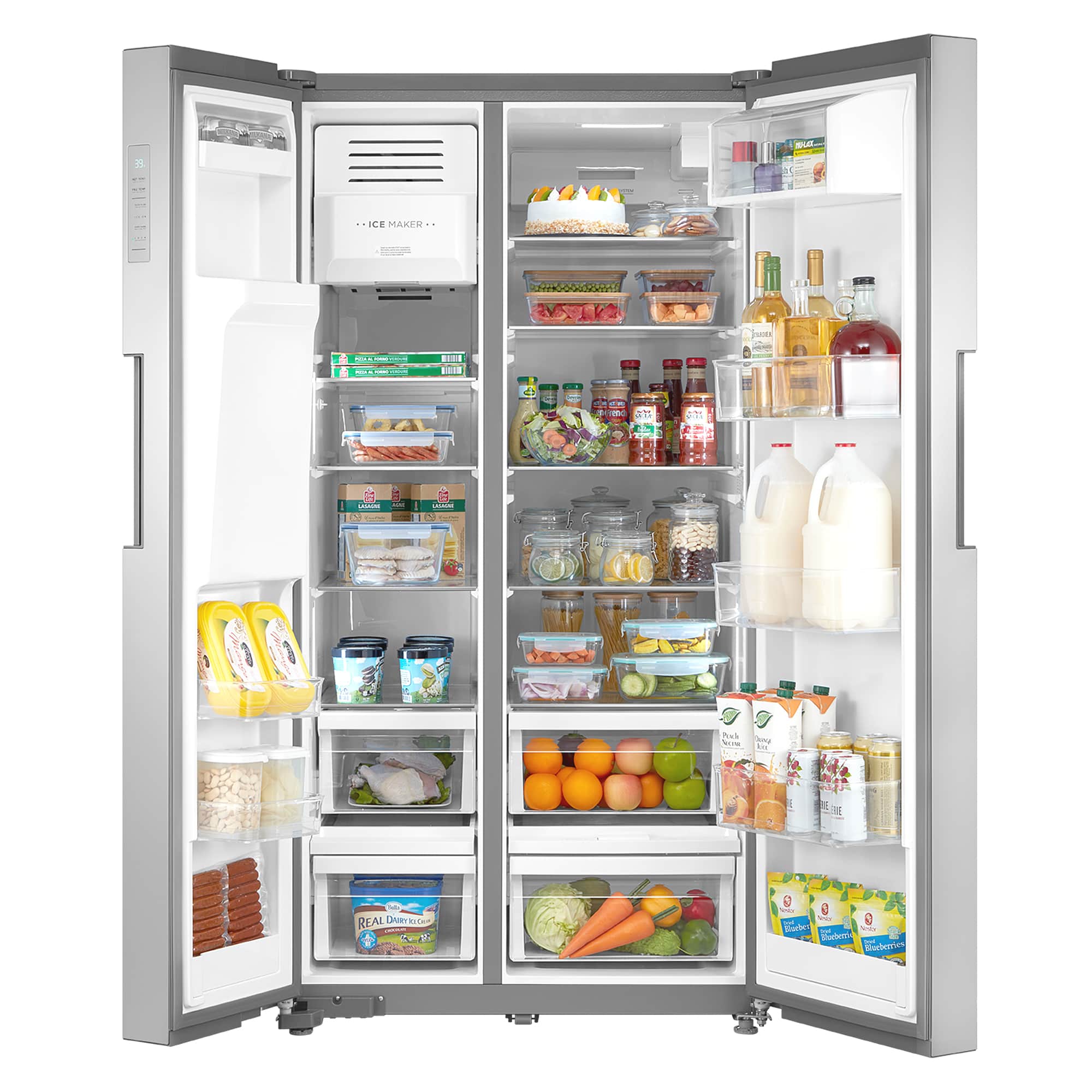 Stainless steel side-by-side refrigerator, open doors, ice and water dispenser, interior shelves