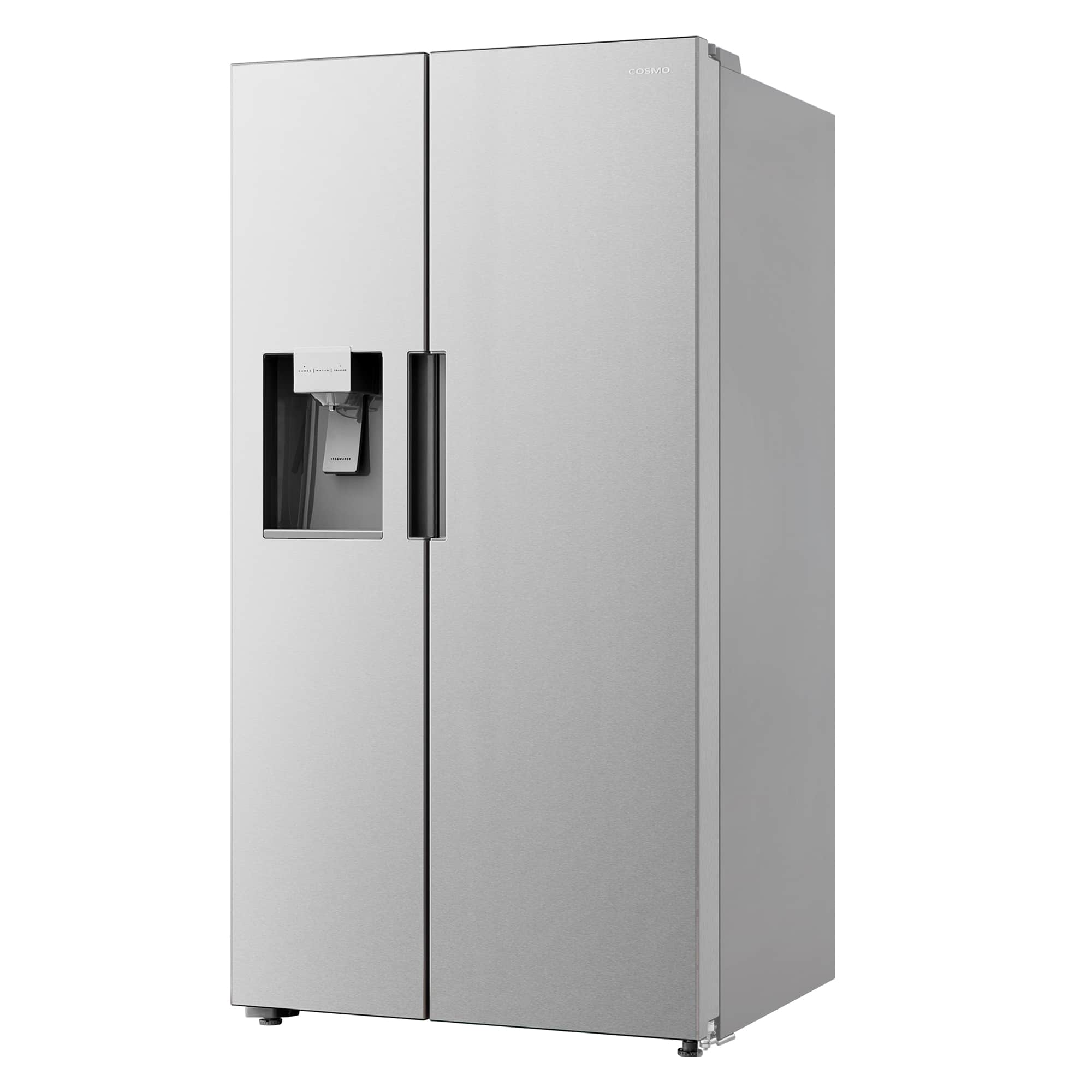 Stainless steel side-by-side refrigerator with external water/ice dispenser on left door