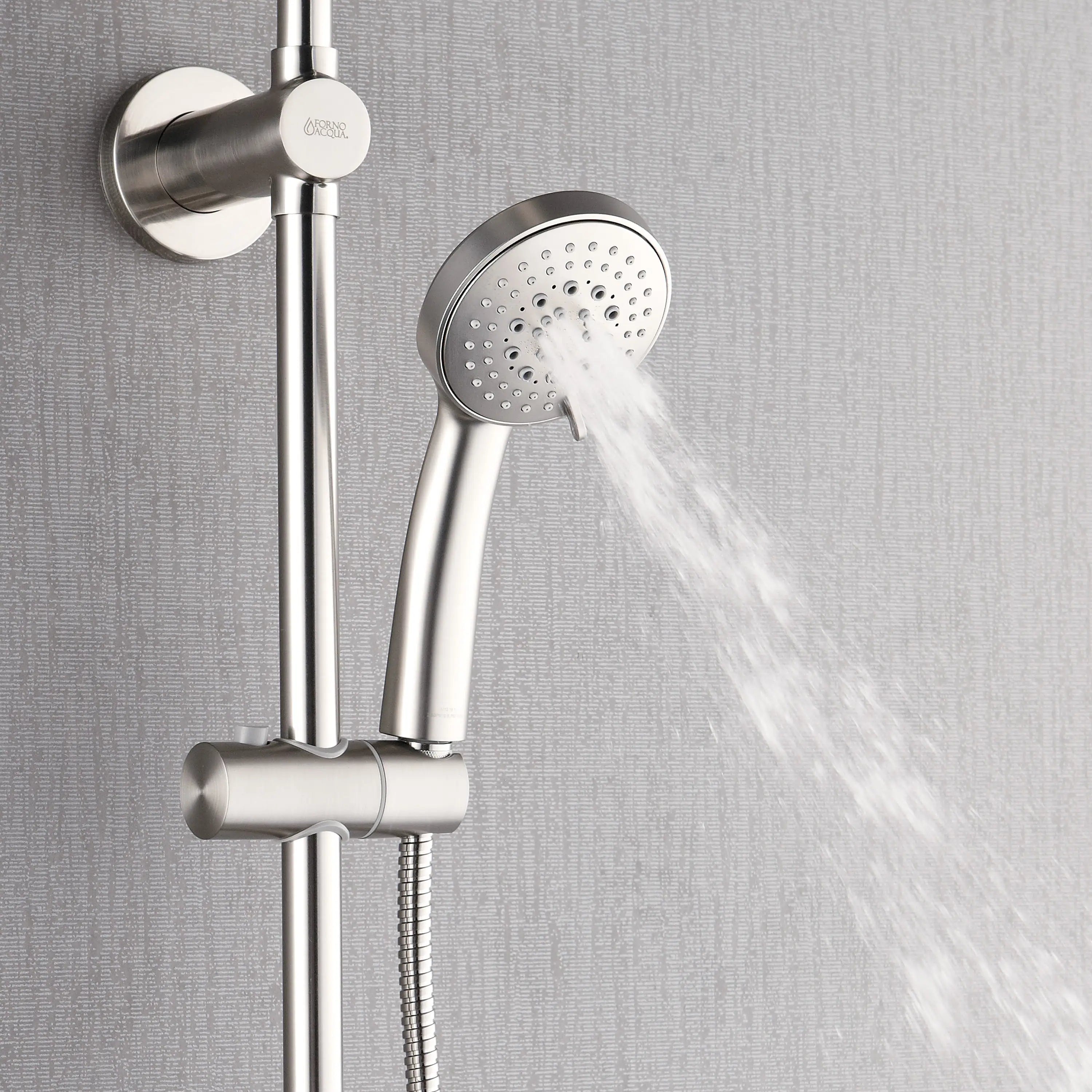 Brushed nickel handheld shower head with flexible hose and wide water spray