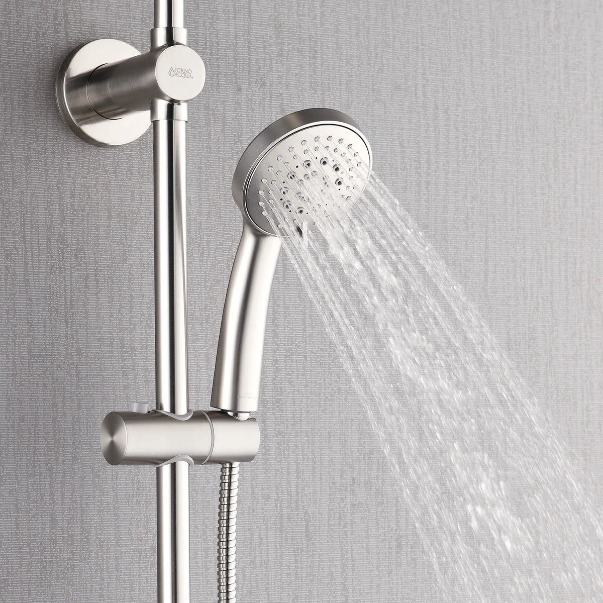 Brushed nickel overhead rainfall head and handheld sprayer with water spray