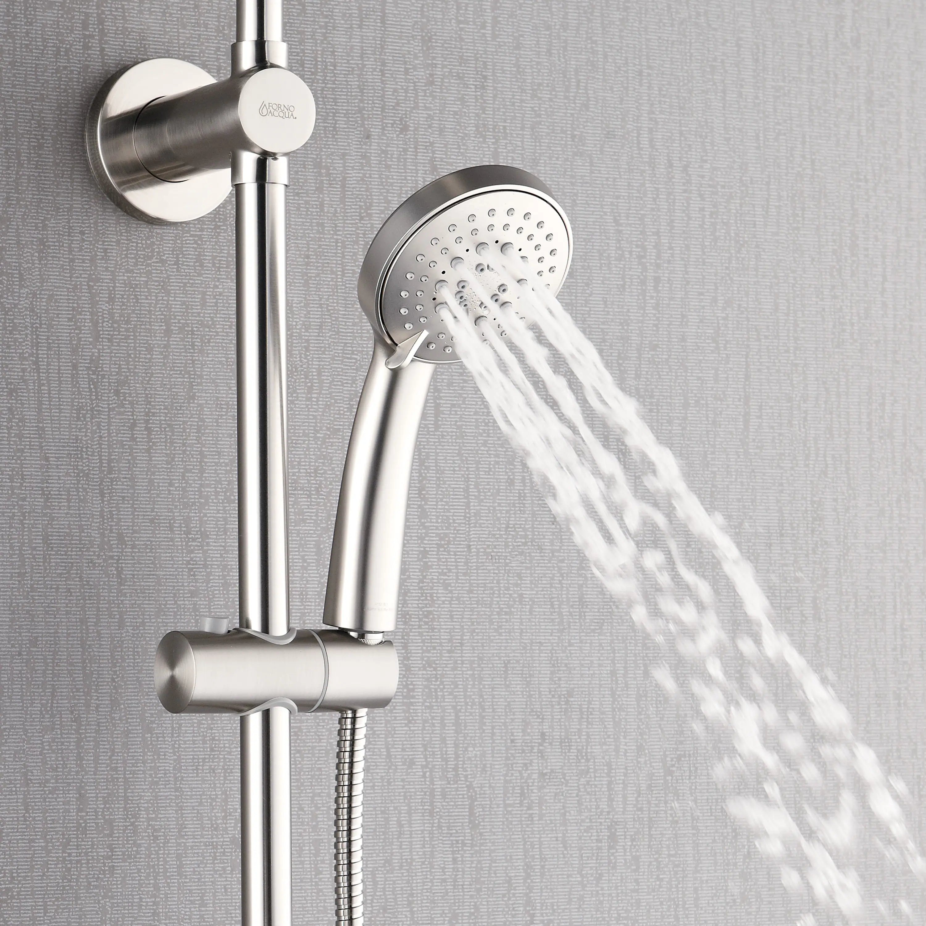 Brushed nickel handheld shower sprayer with flexible hose and water stream