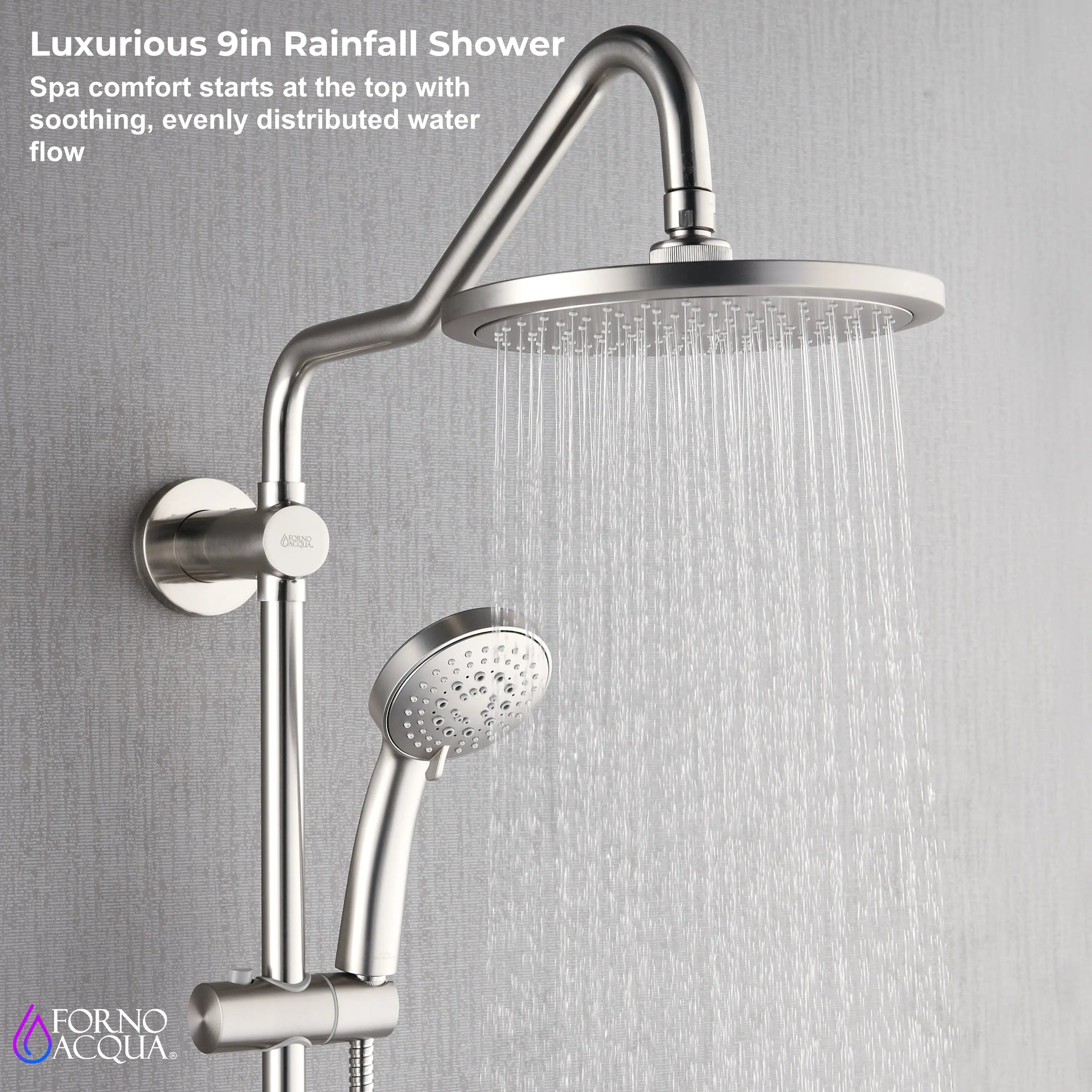 Brushed nickel 9-inch rainfall shower head with handheld sprayer and body jets
