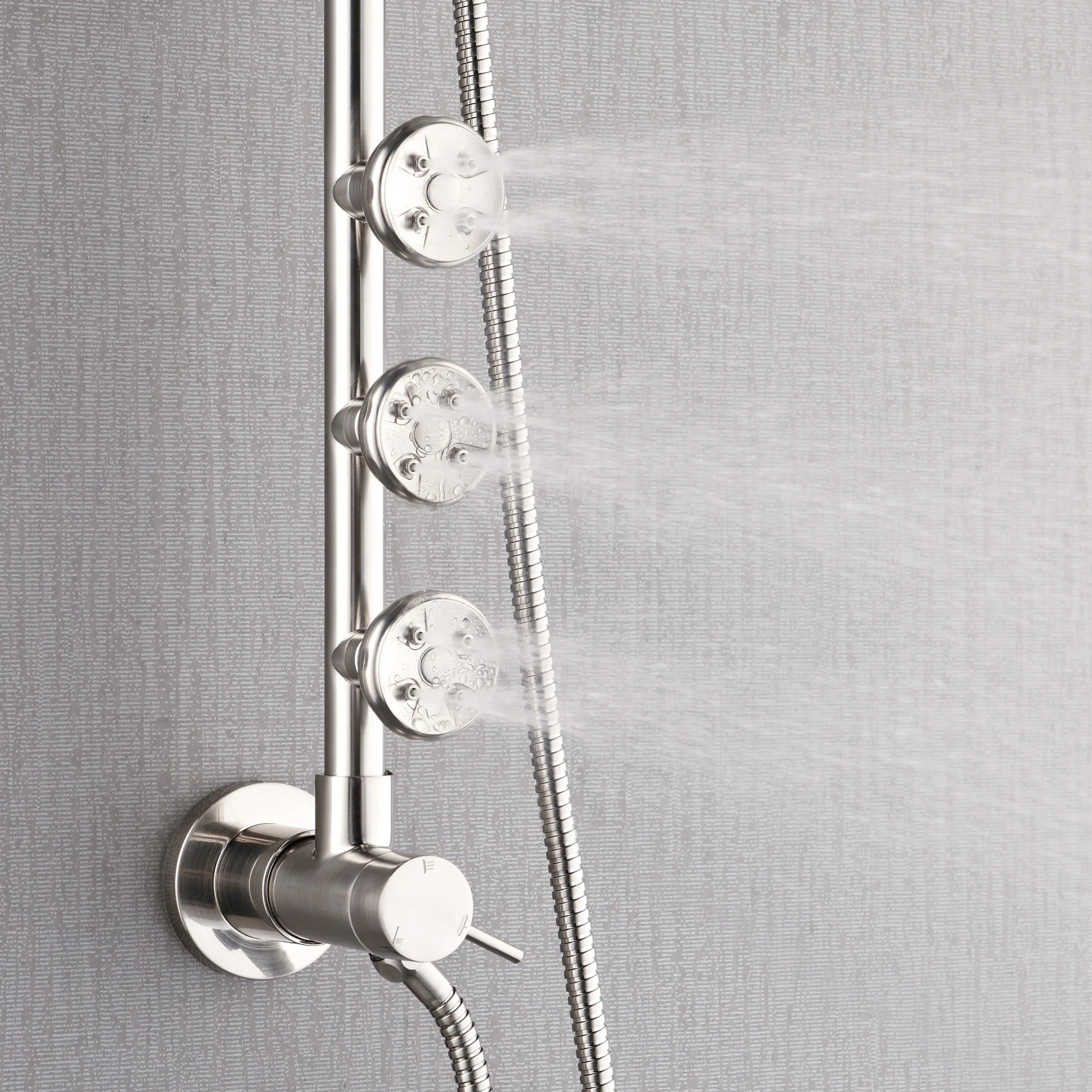 Brushed nickel shower control assembly with diverter and handheld hose connection