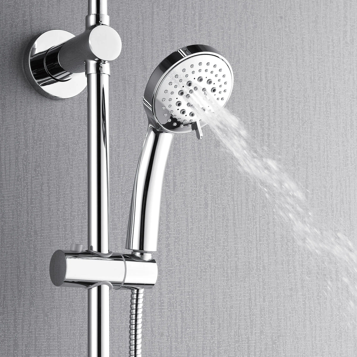 Polished stainless steel rainfall shower head with handheld cradle and continuous water spray