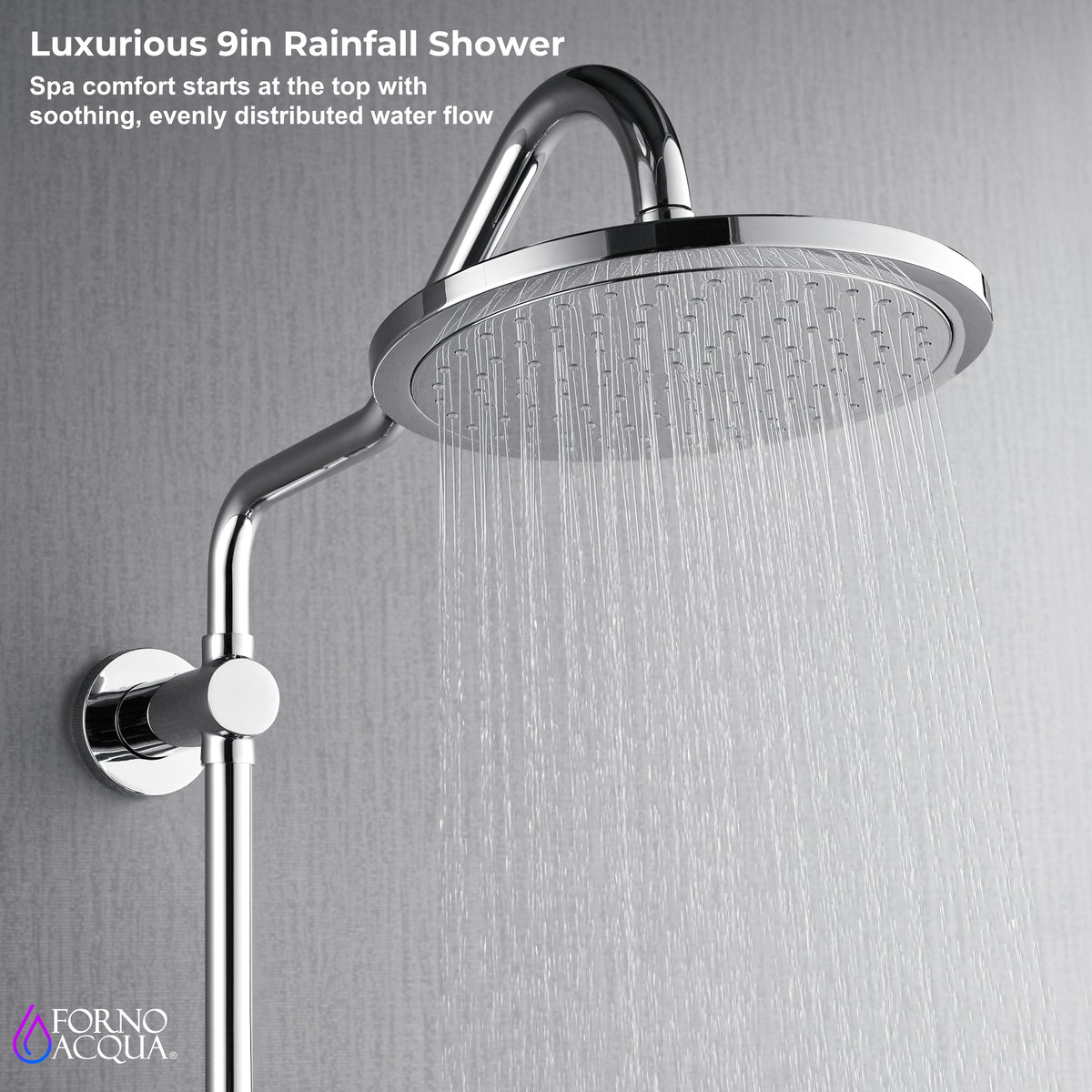 9-inch round rainfall shower head with polished stainless steel wall mount