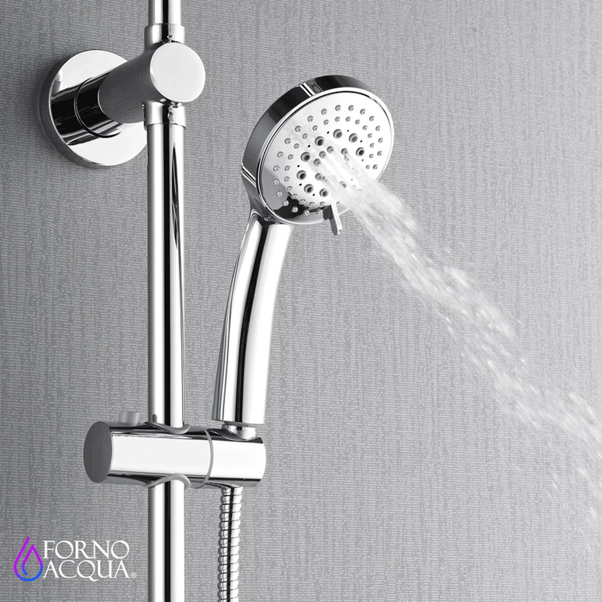 Polished stainless steel overhead rainfall shower head with handheld sprayer and hose