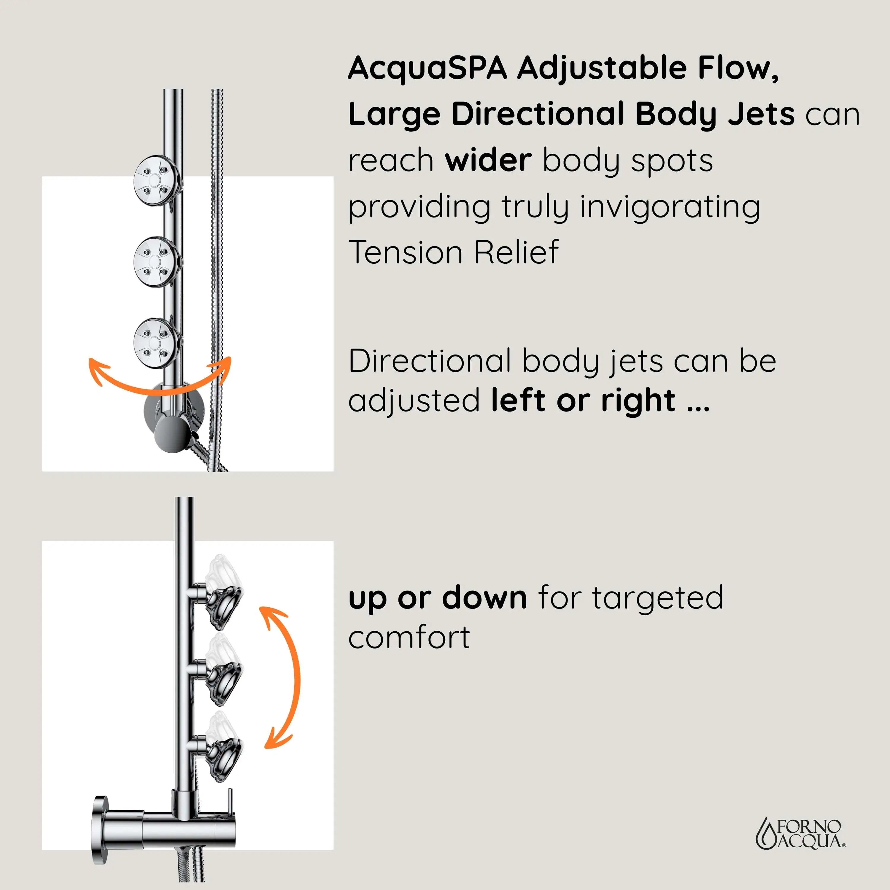 Brushed nickel shower system with adjustable body jets and handheld diverter controls