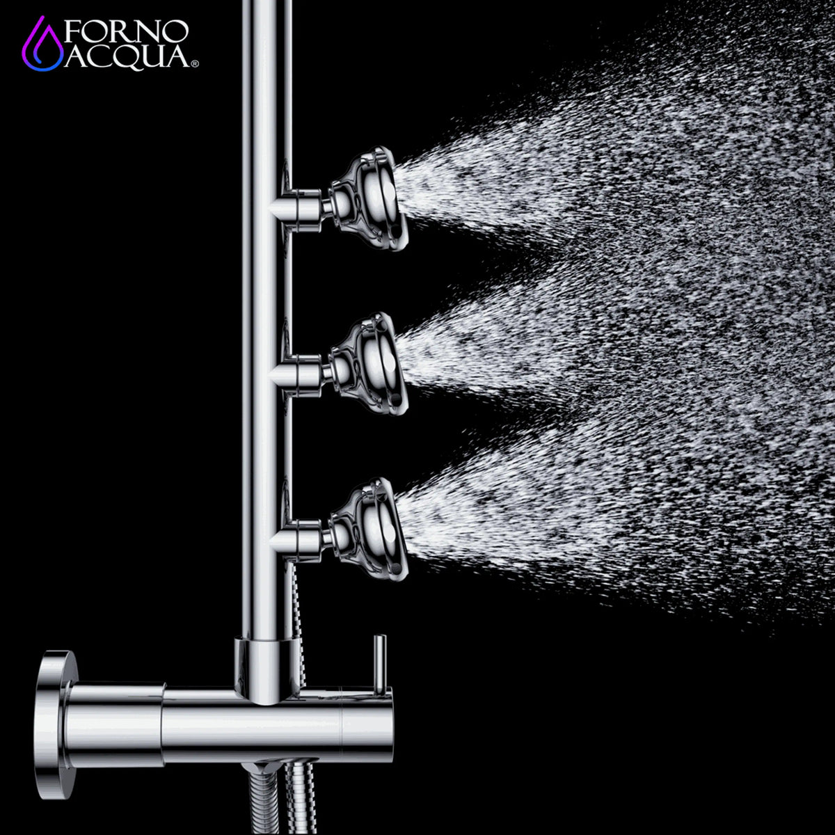 Matte black shower wall-mount manifold with three spray heads and water streams