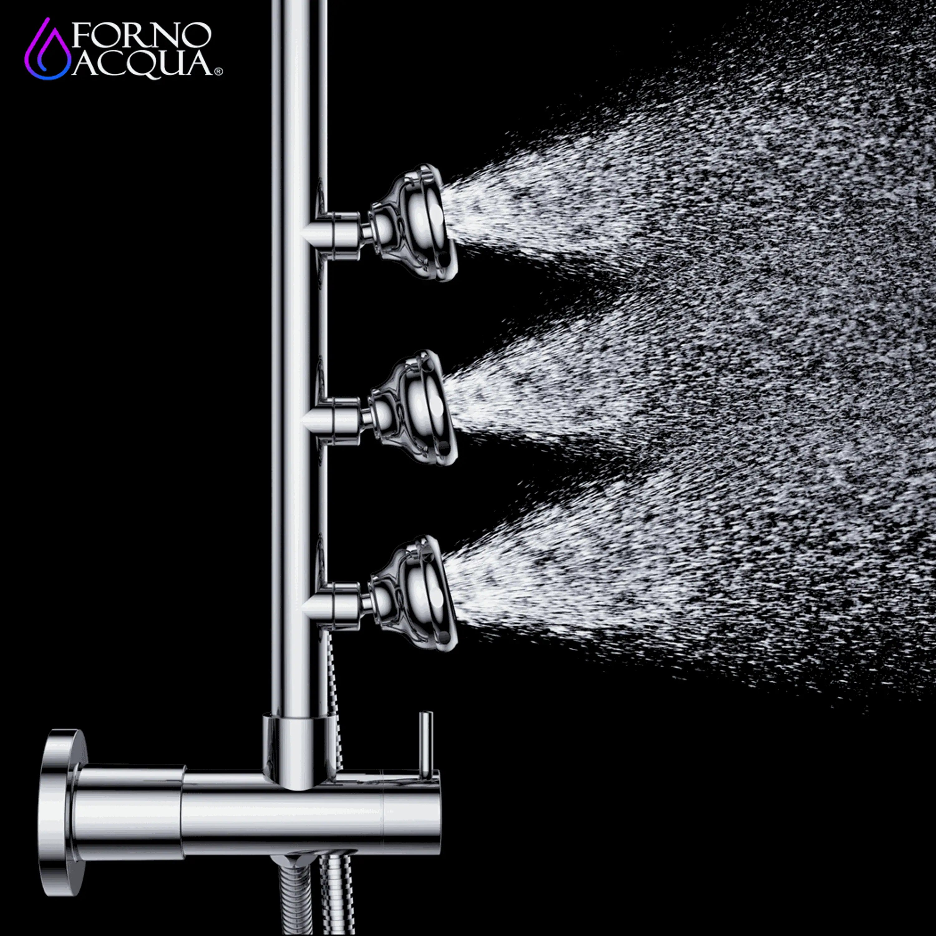 Brushed nickel shower valve with overhead rain nozzle and wall-mounted body jet outlets