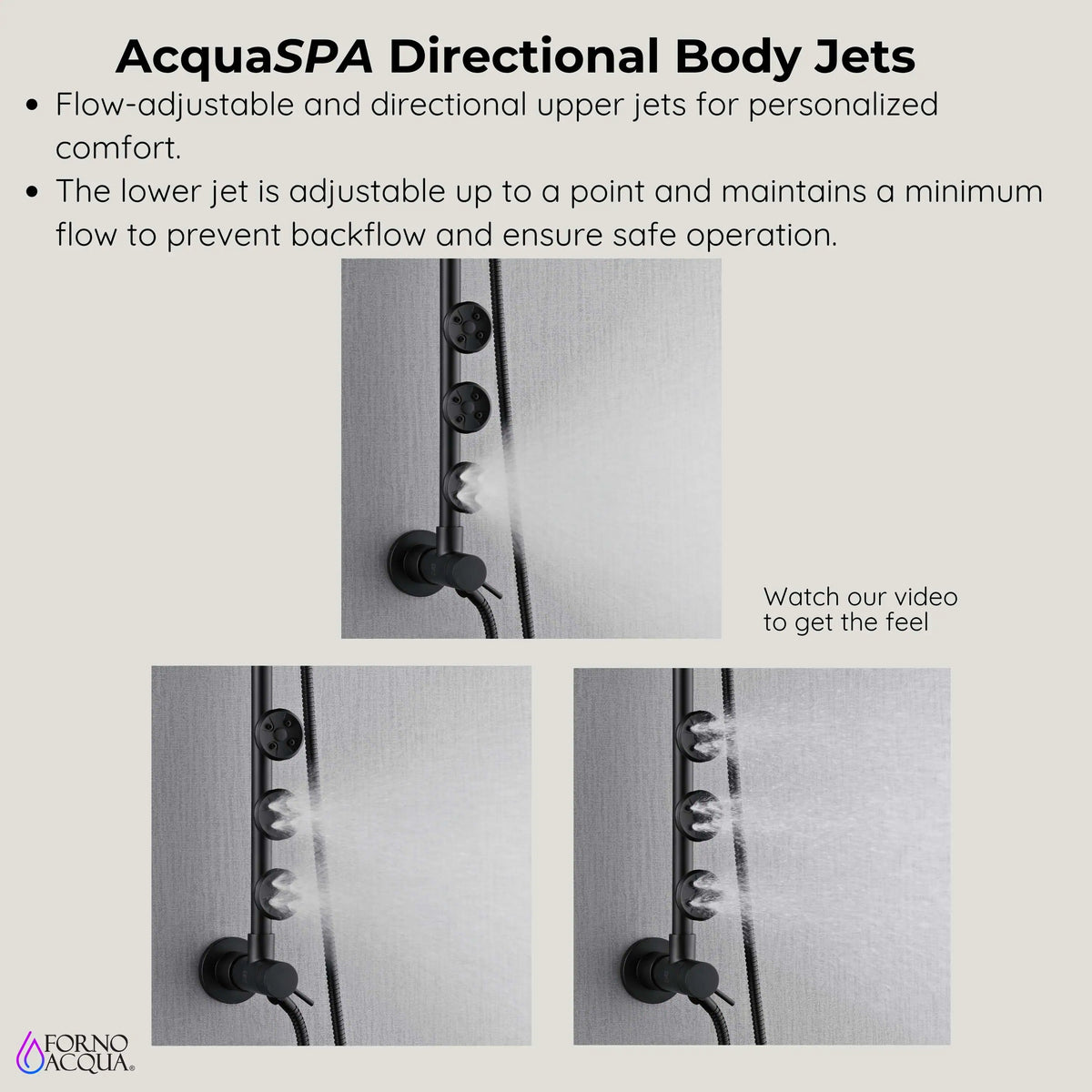 Matte black adjustable body jets on a shower rail with handheld hose connection