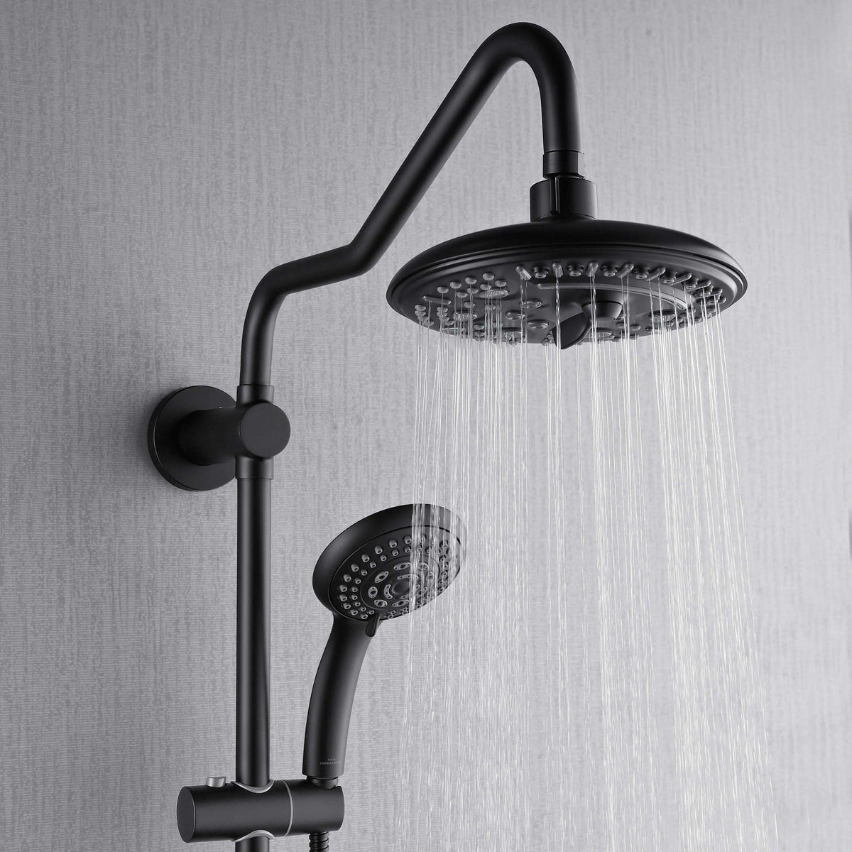 Matte black overhead rain shower head with wall-mounted body jet and handheld sprayer