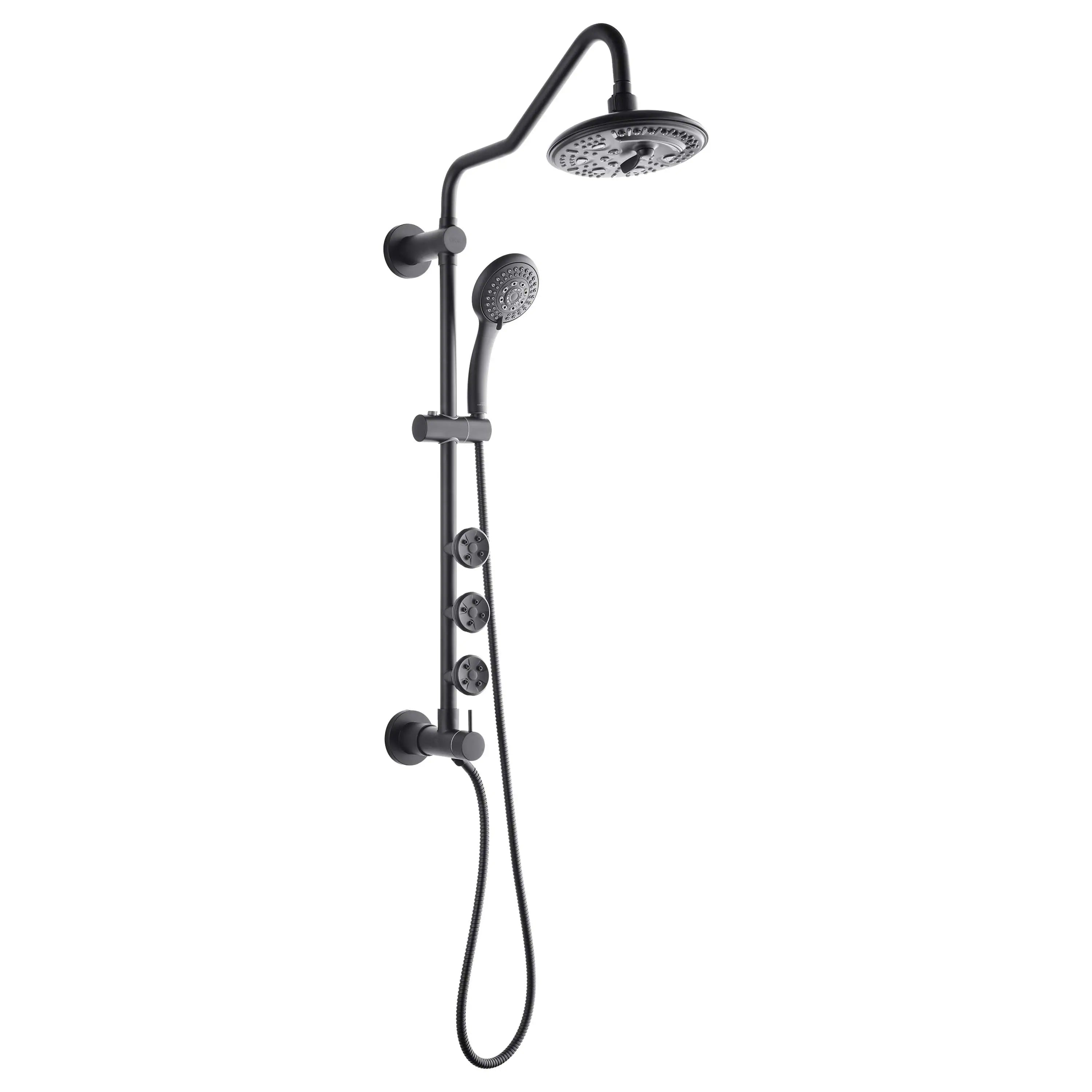 Matte black rain shower set with overhead head, handheld, control bar, and hose