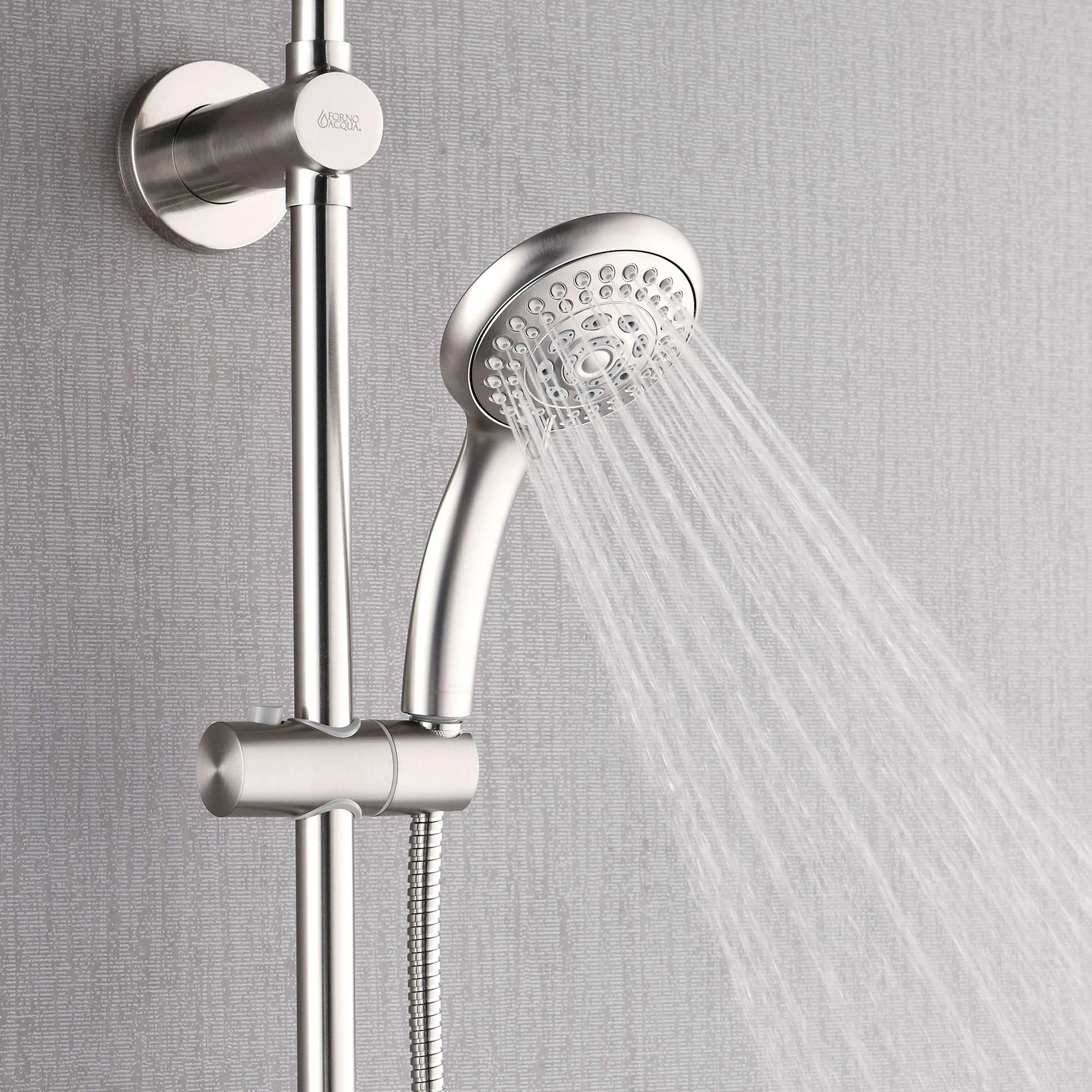 Brushed nickel handheld shower with spray head and slide mount on vertical bar