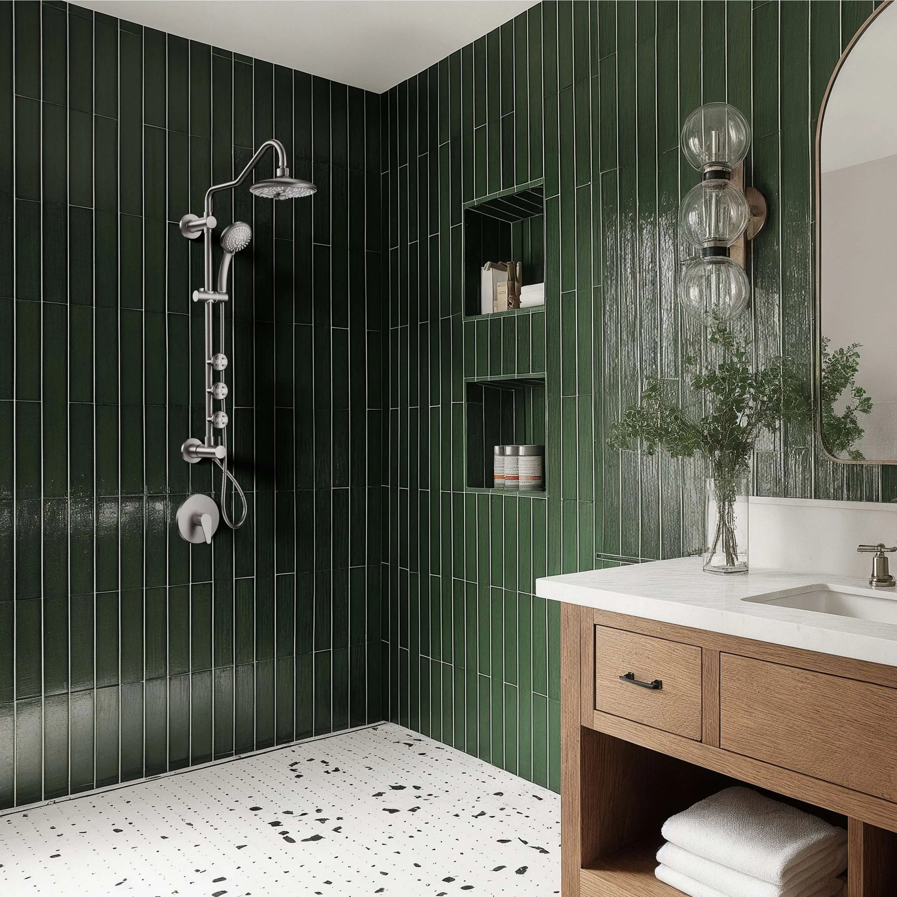 Brushed nickel shower set with overhead rain head, handheld sprayer, and wall diverter