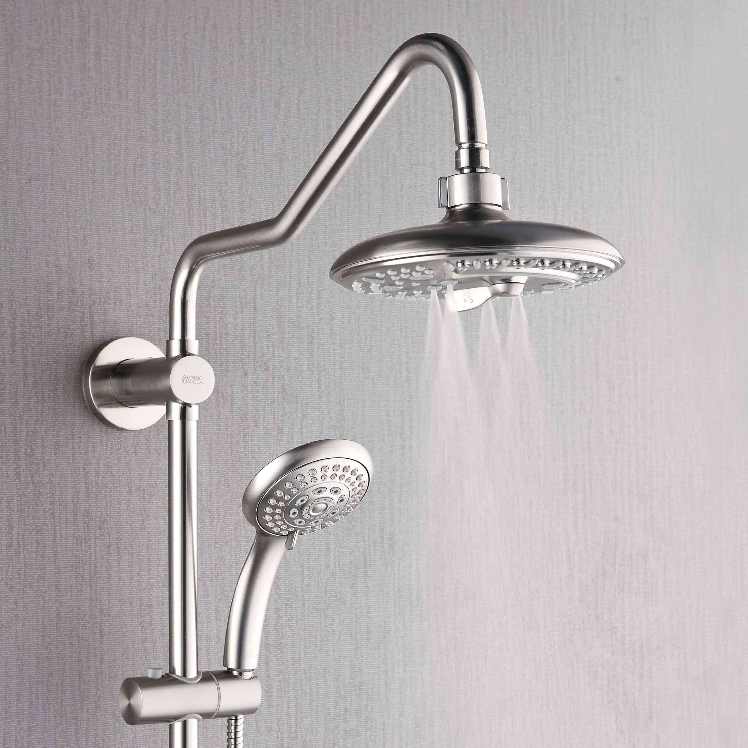 Brushed nickel overhead rain shower head with handheld spray and vertical wall bar