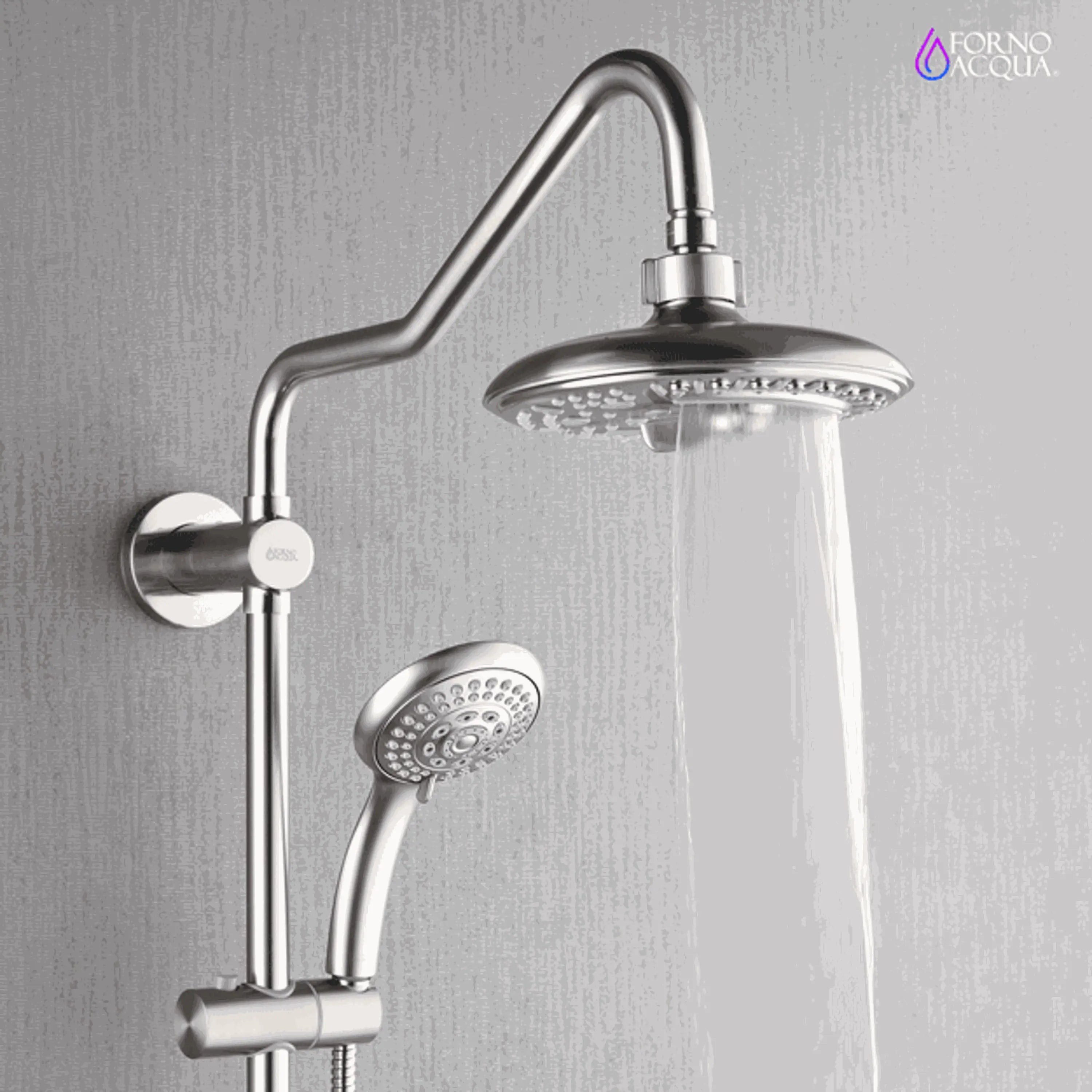 Brushed nickel shower system showing overhead rain head and handheld sprayer with water flow