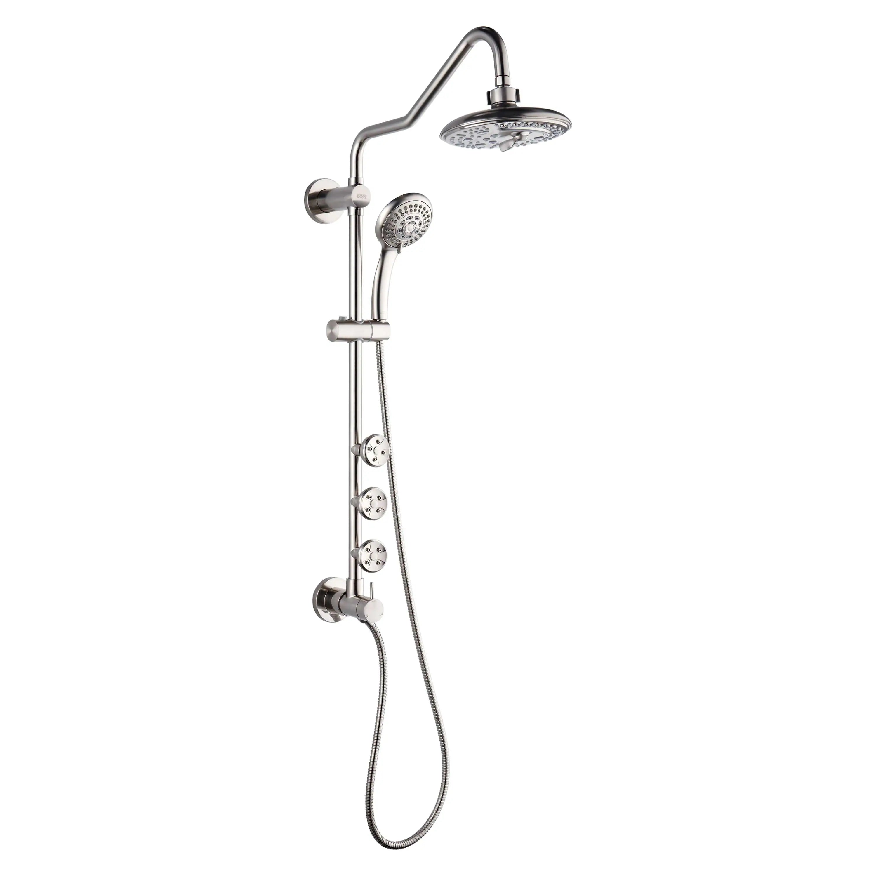 Brushed nickel shower kit with overhead rain head, handheld sprayer, hose, and wall mount