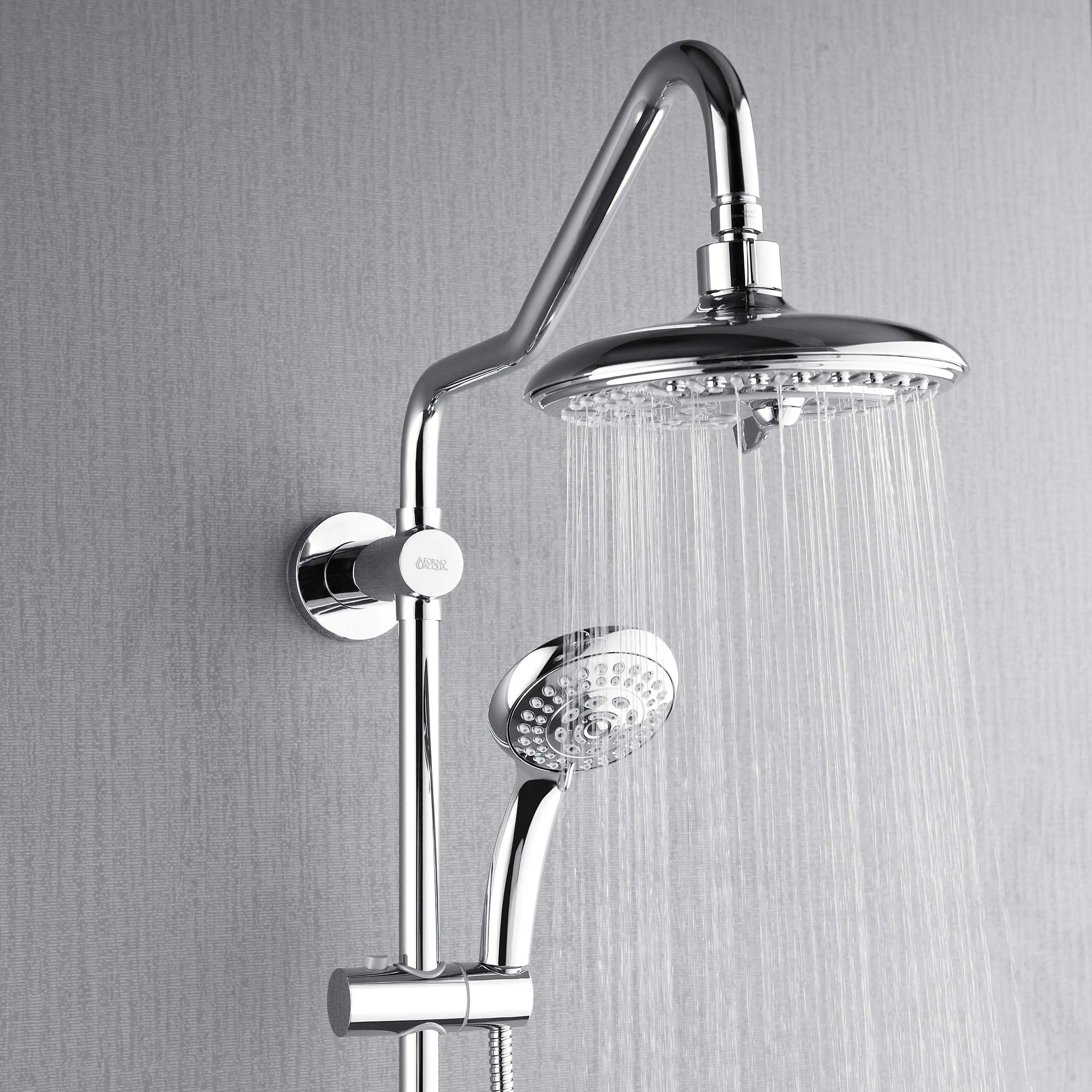 Overhead rainfall shower head with steady water stream, polished stainless steel