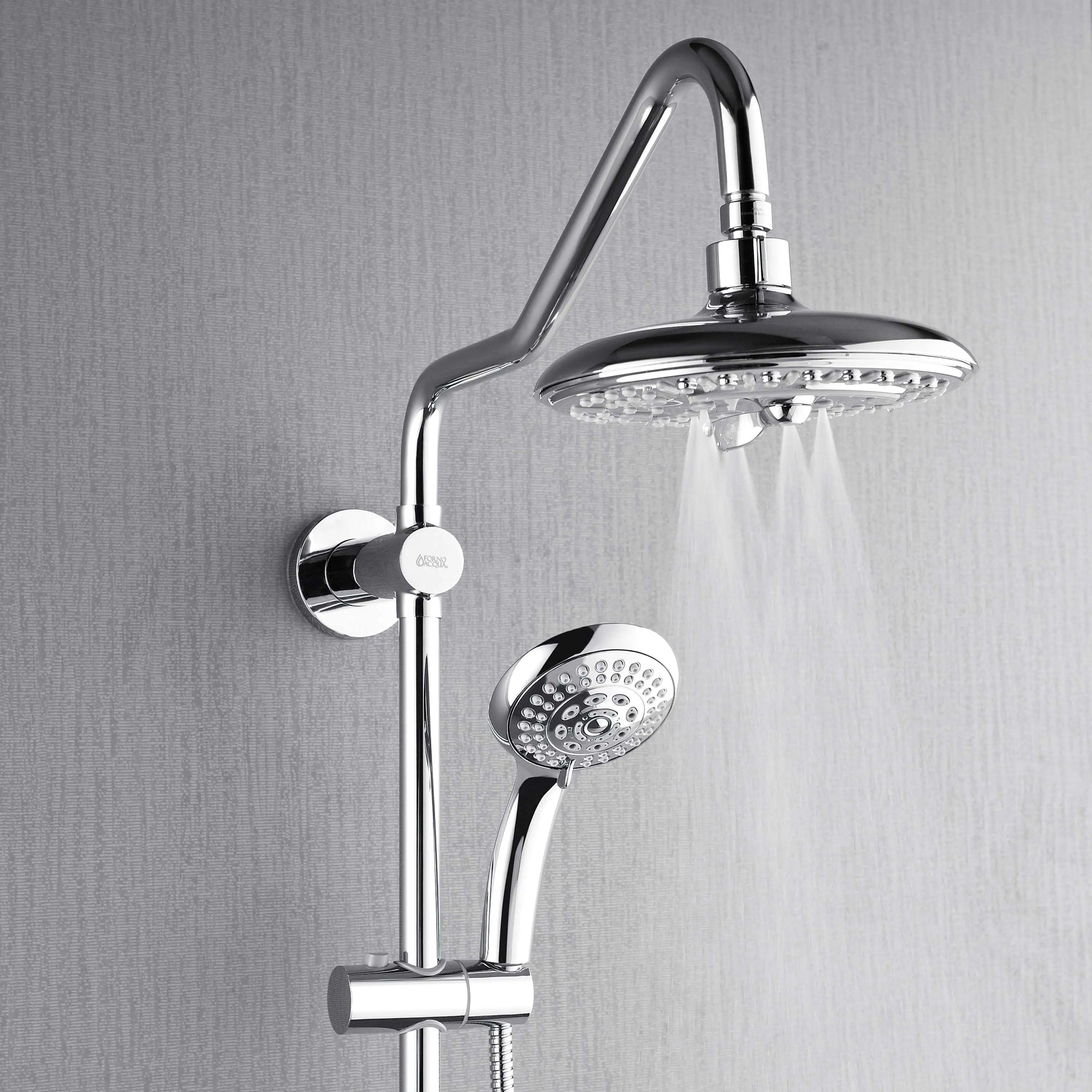 Overhead rainfall shower head with body jet nozzles, polished stainless steel