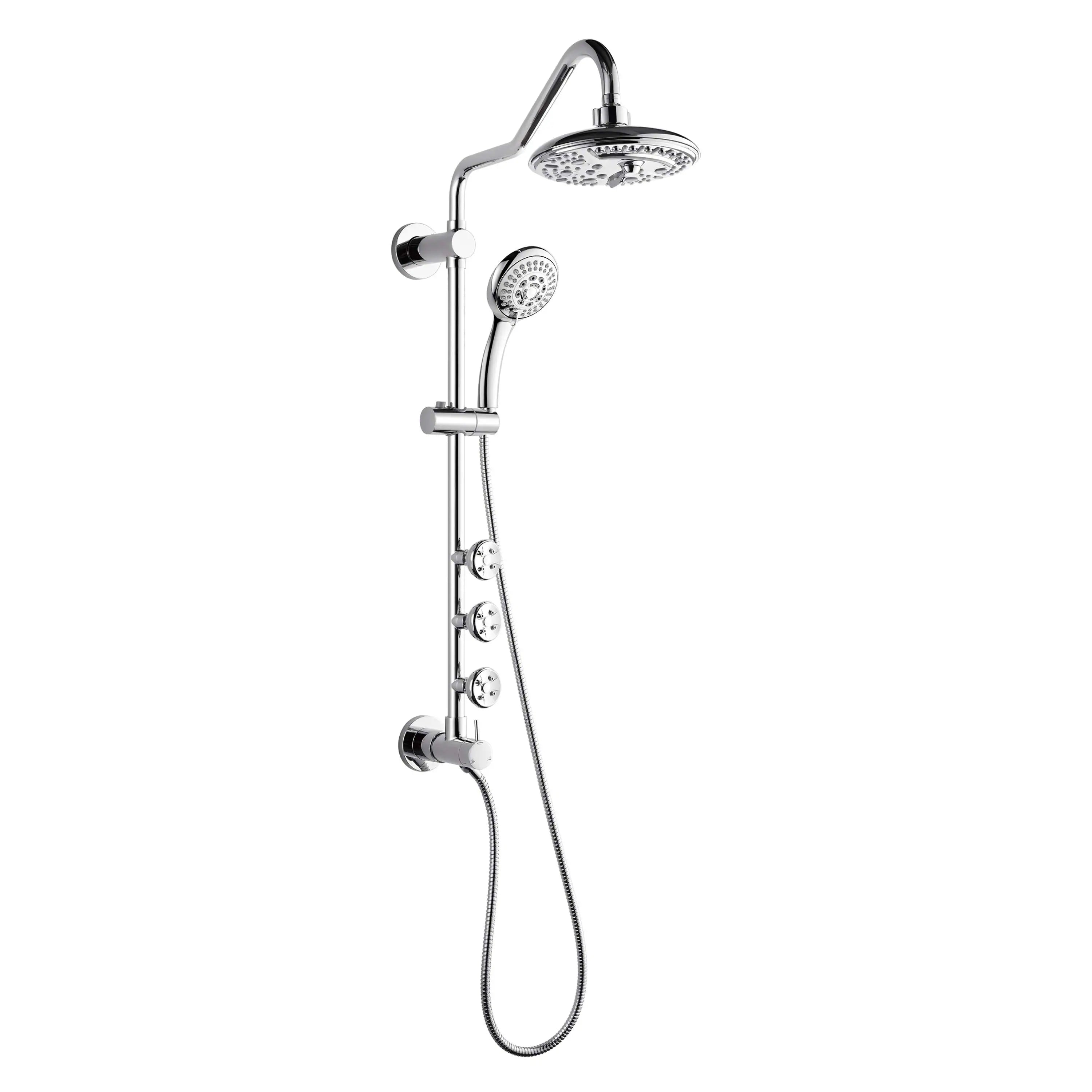 Polished stainless steel shower column with rainfall head, handheld sprayer, and hose