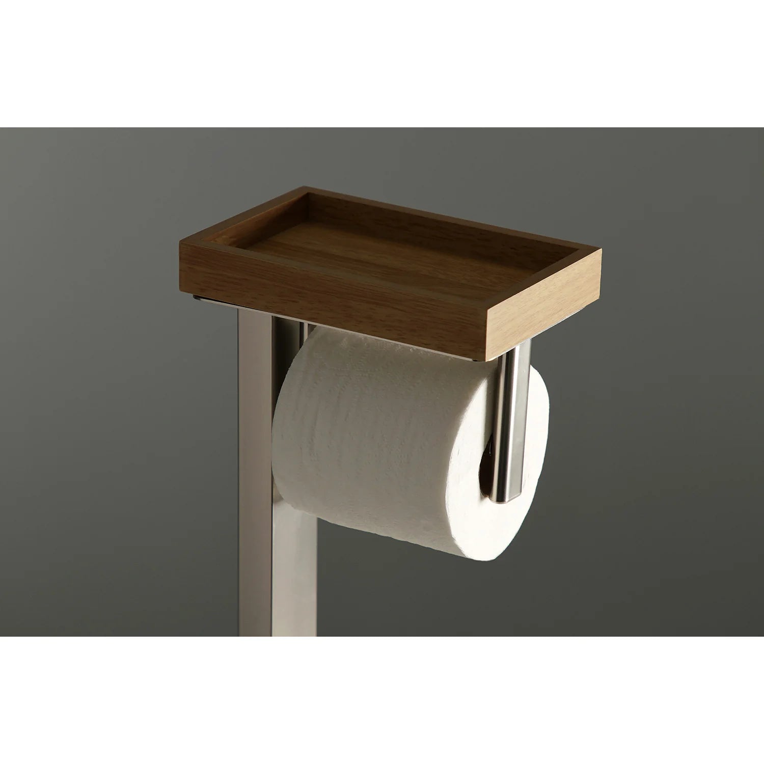 Freestanding toilet paper holder with shelf, brushed nickel posts and dark wood tray