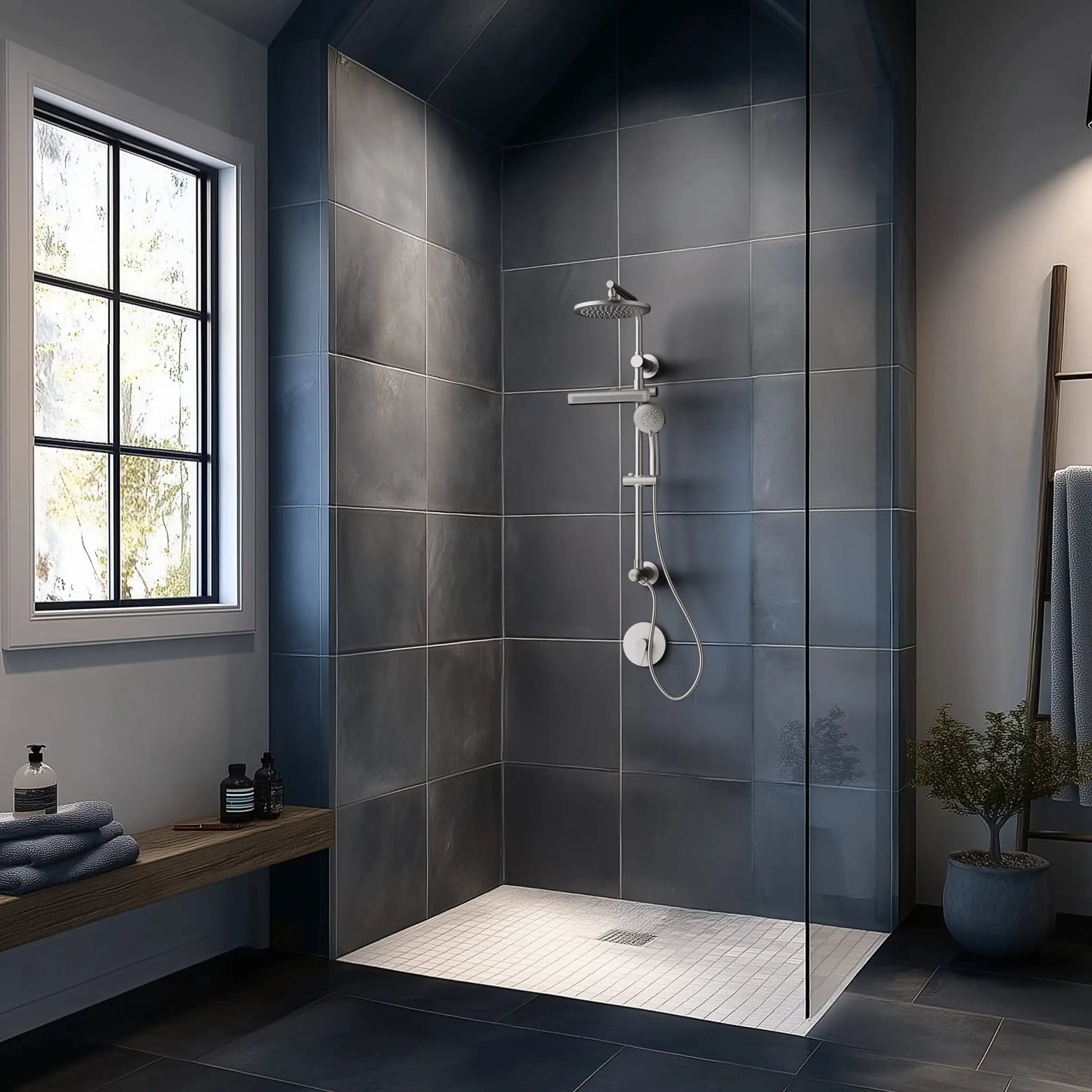 Brushed nickel shower system with overhead rainfall head, handheld sprayer and body jets