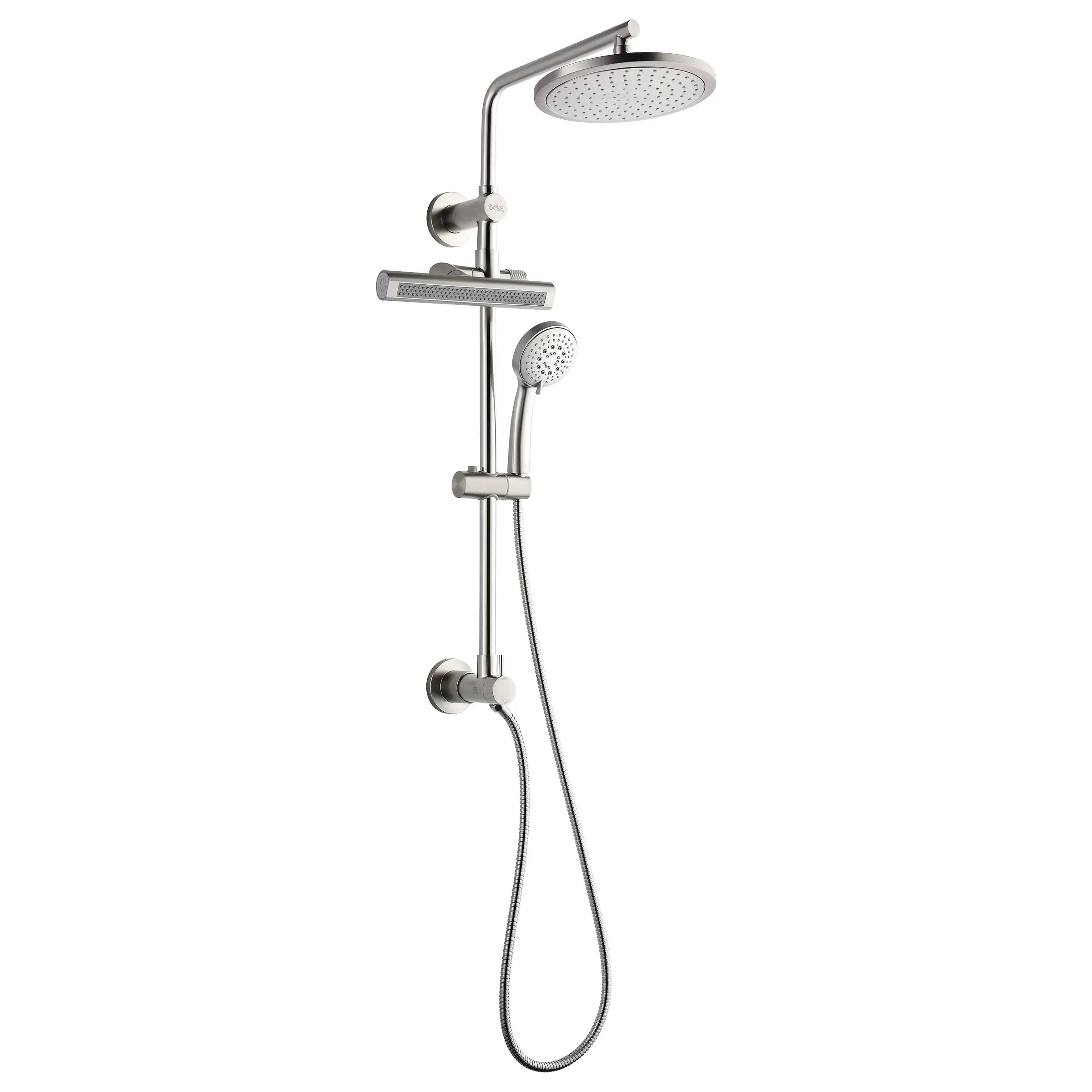 Brushed nickel shower system with overhead rainfall head, handheld, and adjustable body jets