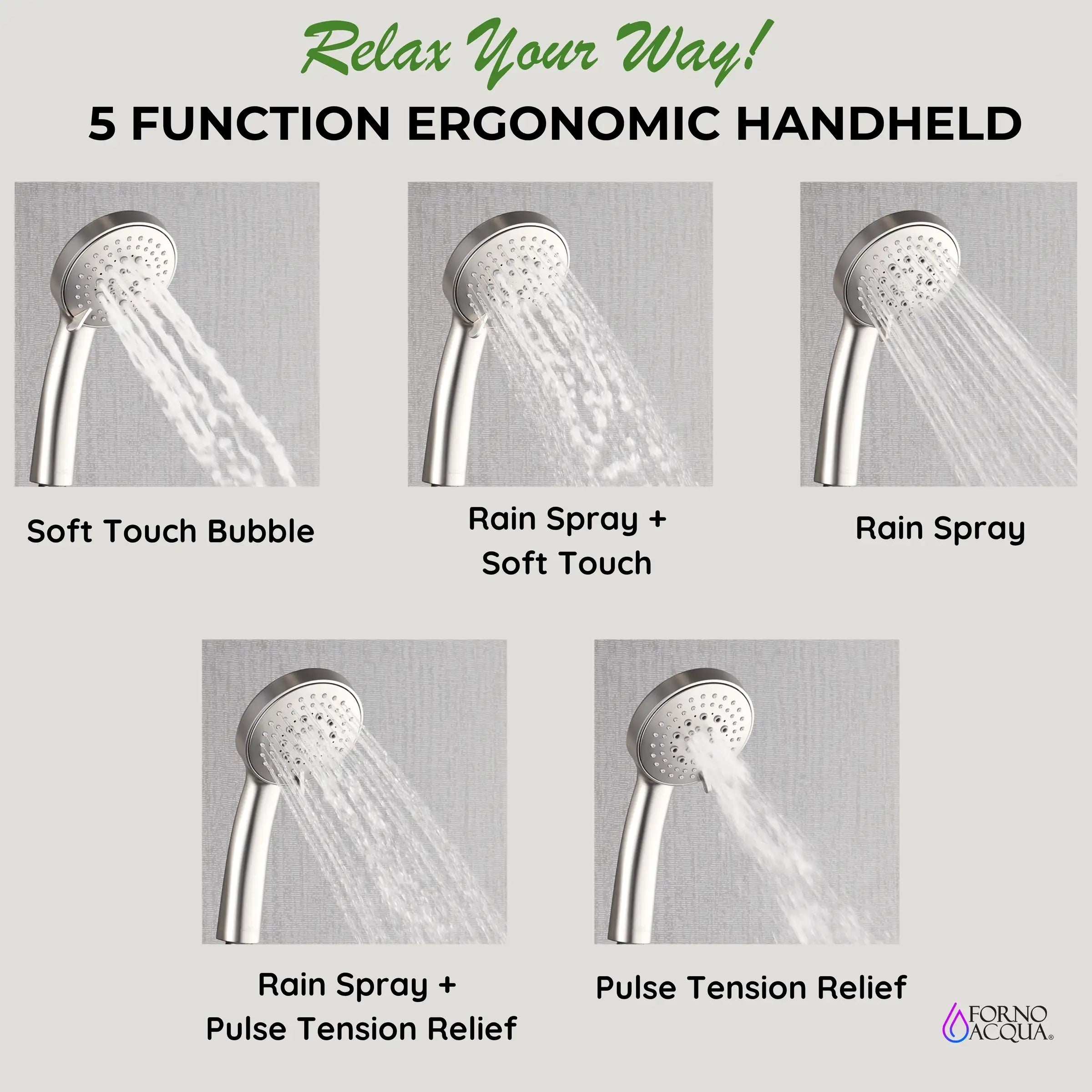 Brushed nickel ergonomic handheld shower with multiple spray settings shown