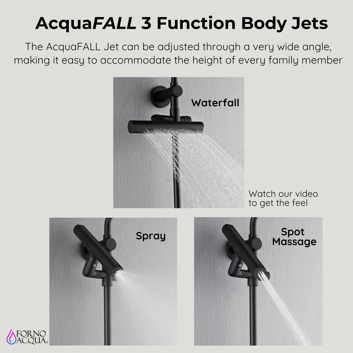 Matte black overhead rainfall shower system with body jets and handheld spray